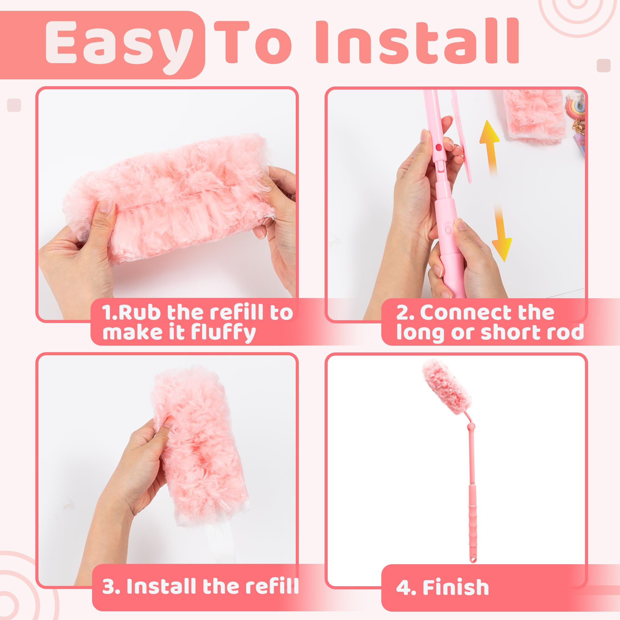 GQIRIL 360° Dusters Refills for Cleaning - 80 Count Disposable Feather Duster Kit with 2 Handles, Multi-Surface Microfiber Feather Dusting Cleaner for Furniture Blinds Windows Ceiling Fans (Pink)
