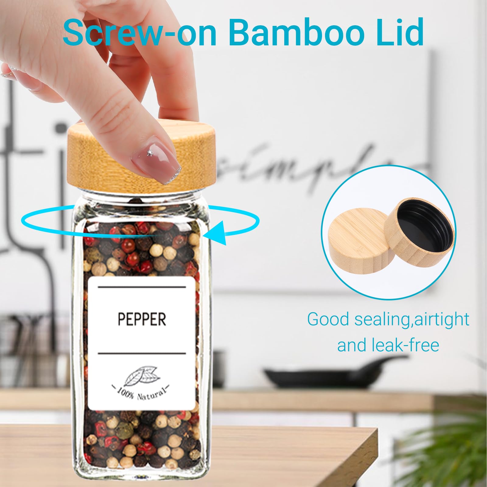 16 Pack 4oz Glass Spice Jars with Bamboo Lids,Clear Square Spice Containers Bottles with Shaker Lids,120 Spice Labels,1 Funnel and 1 Brush for Kitchen Storage