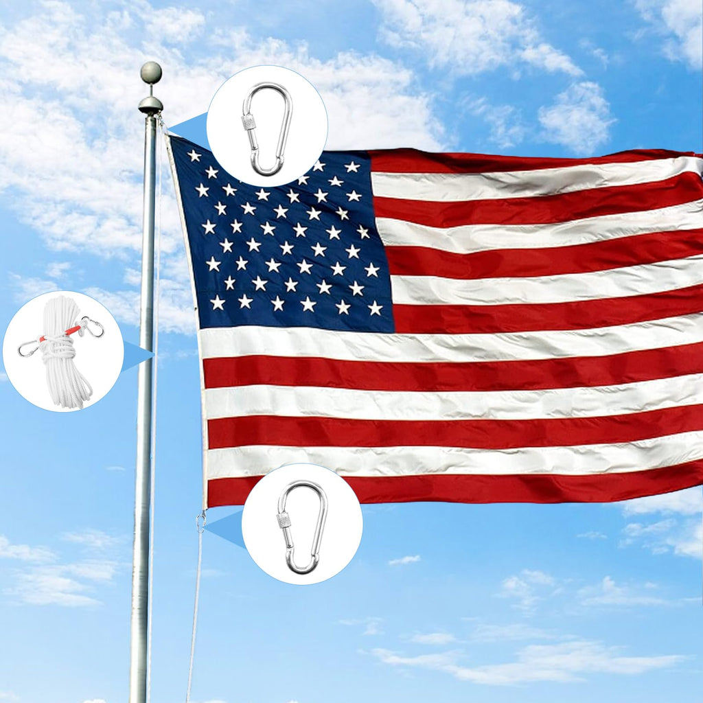Jmlwlzx 5/16" x 66 ft Wire Center Flagpole Rope, White Braided Polyester Flagpole Halyard Rope with 2 Pieces Stainless Steel Snap Hooks, Solid Rope for Flagpole