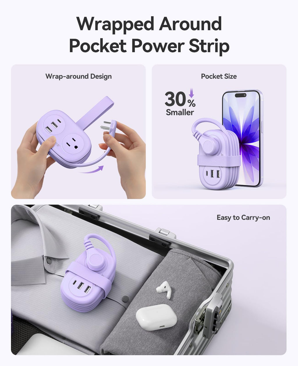 ORICO Pocket Power Strip for Travel, 5 in 1 Extension Cord with 2 AC Outlets 2 USB-A and 1 USB-C Ports, 3.7 ft Flat Plug Wrapped Around Power Strip for Cruise Office, Hotel, Home- AP3