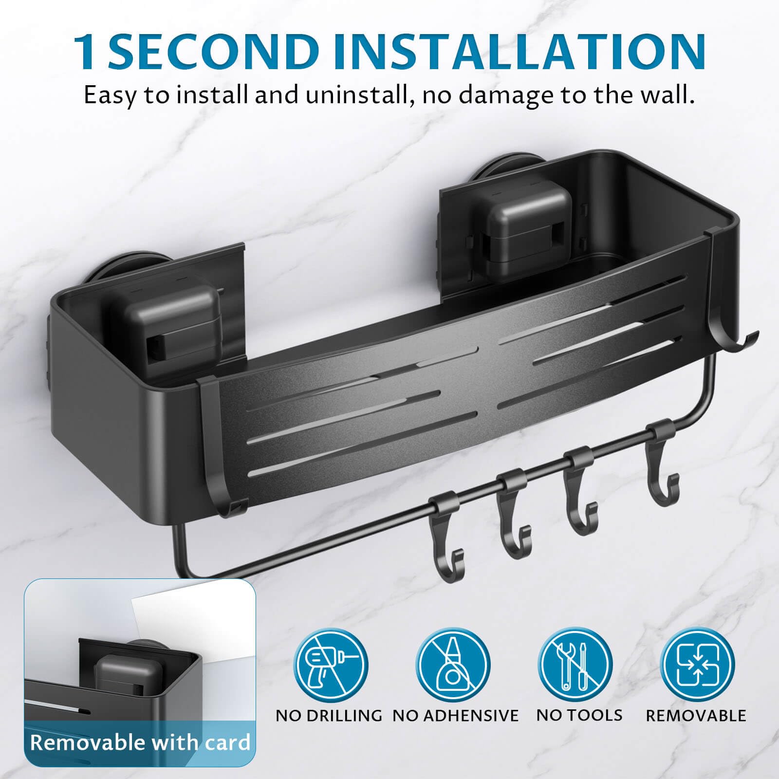 Suction Cup Shower Caddy, 2-Pack Shelf Organizer for Bathroom, Bathroom Suction Shelves with Portable Hooks, Shower Caddies Corner with Towel Bar,Matte Black