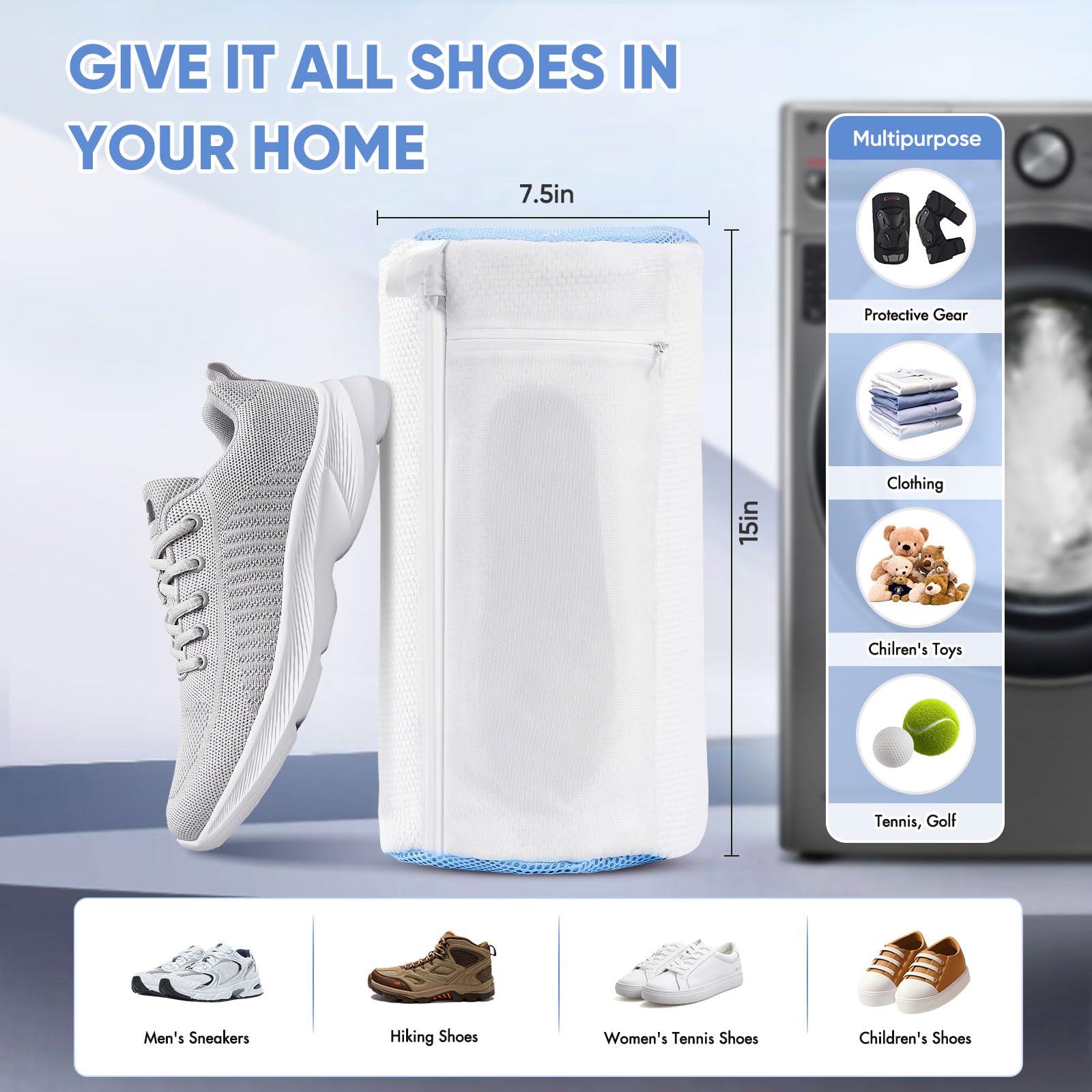 2PCS Shoe Washing Bag for Laundry, Update Tree to Prevent Deformation, 2 Pocket for One-Step Wash Laces Insole Socks, 360°Deep Clean Shoe Laundry Bag for Sneaker Tennis Hiking, Invisible Zipper, White