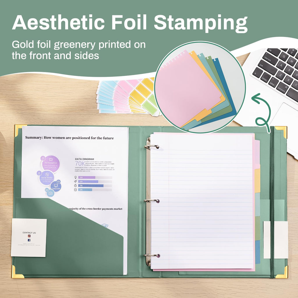 Aesthetic 3 Ring Binder 1 Inch Cute Three Round Rings Binders with Dividers Suitable for 8.5 x 11 Letter Size Paper Loose Leaf Binder with 2 Pockets for School Work