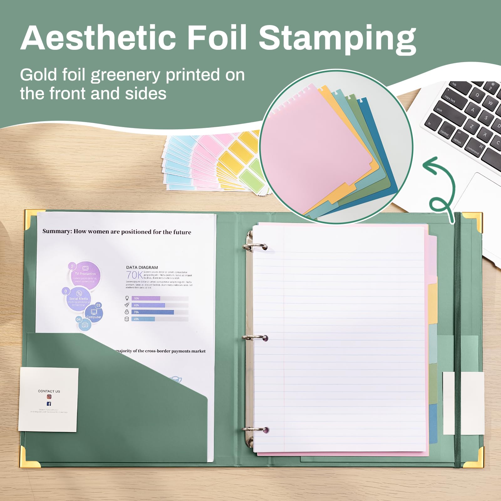 Aesthetic 3 Ring Binder 1 Inch Cute Three Round Rings Binders with Dividers Suitable for 8.5 x 11 Letter Size Paper Loose Leaf Binder with 2 Pockets for School Work