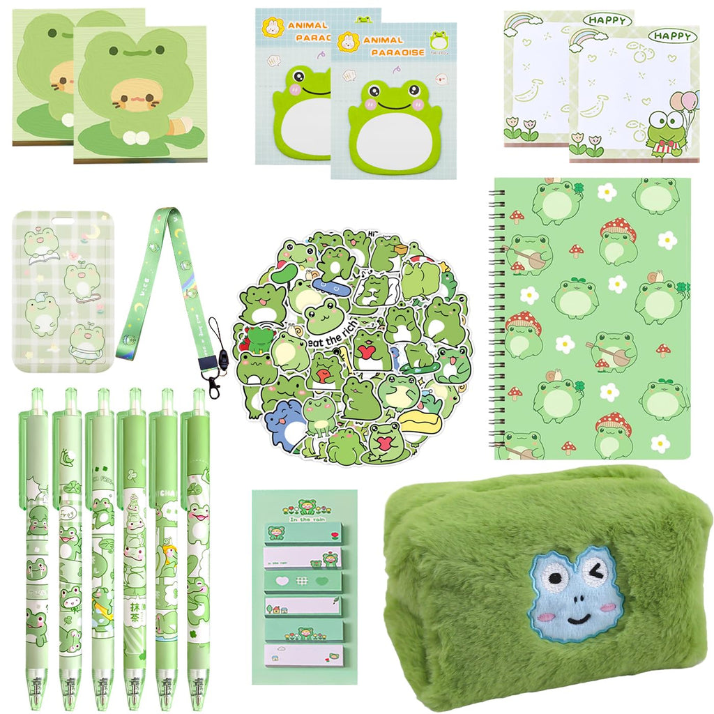 400Pcs Cute Frog Stationery Set, Kawaii Office Supplies Includes Fun Pencil Case Gel Ink Pens, Cartoon Sticky Notes Mini Notebooks Stickers Card Case As Bulk Party Gifts(Frog)