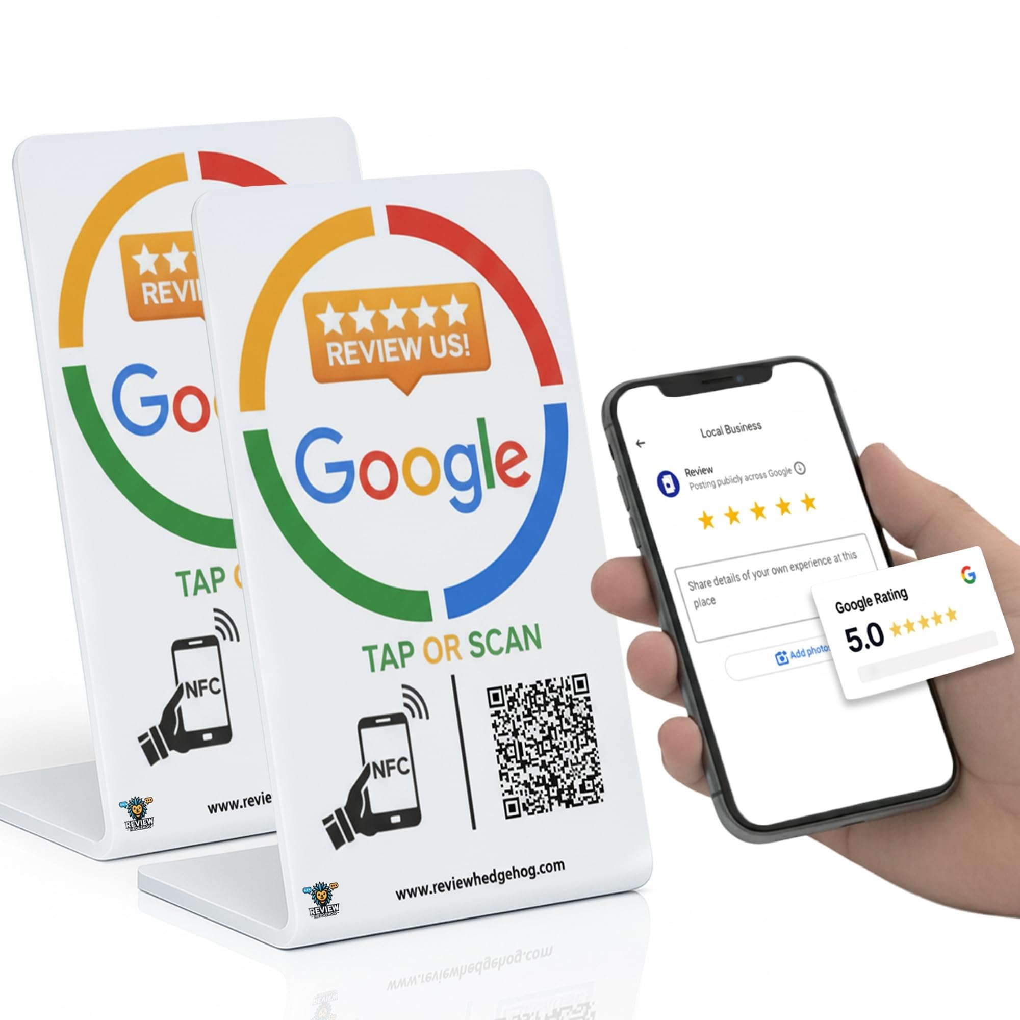 Google Review Tap Card Stand & QR Code Sign – Reusable NFC, No App or Subscription, iPhone & Android Compatible – Acrylic Counter Display to Boost Google Reviews for Business