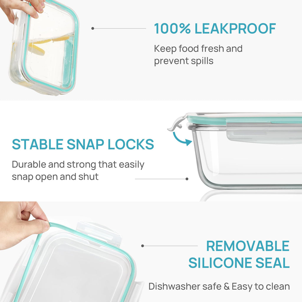 Vtopmart 2Pack 1860ml/63oz Large Glass Storage Containers with Lids, Meal Prep Food Container Set with Snap Airtight Lid for Baking, Microwave, Oven, Leak Proof, for Freezer, Dishwasher, Green