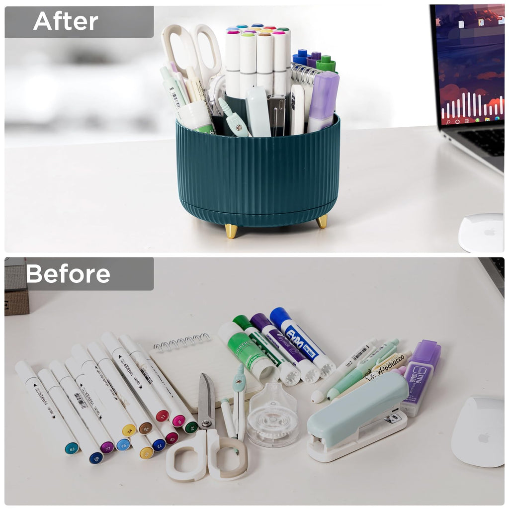 HBlife Pencil Pen Holder for Desk, 5 Slots 360° Degree Rotating Desk Organizers and Accessories, Desktop Storage Stationery Supplies Cute Pencil Cup for Office, School, Home, Art Supply, Dark Green