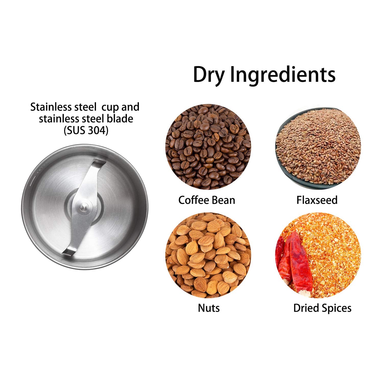 DR MILLS DM-7451 Electric Coffee Grinder, Dried Spice, nut, herb Grinder, Detachable Cup, Dishwashable, SUS304 Stainless Steel