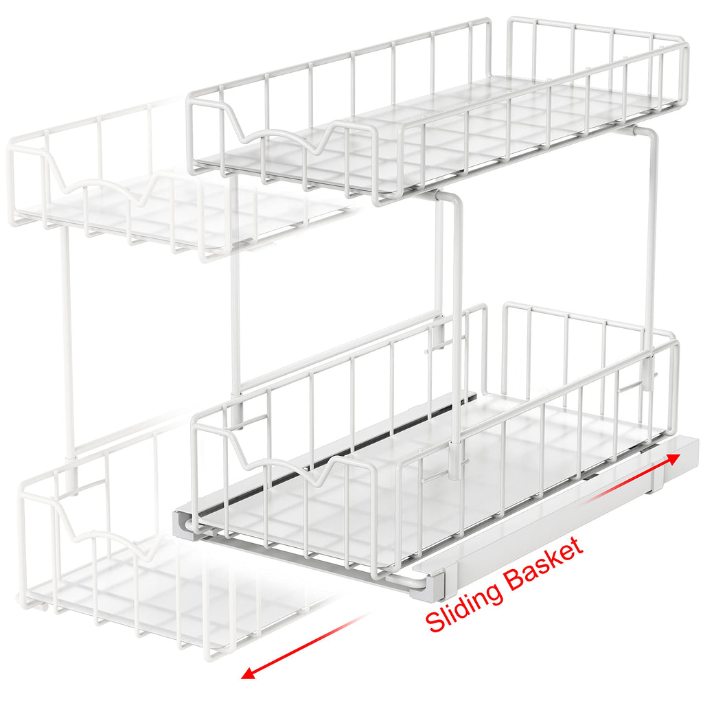 Simple Houseware 2-Tier Spice Rack Slide Out Wire Basket Drawer Organizer for Cupboard and Kitchen, White