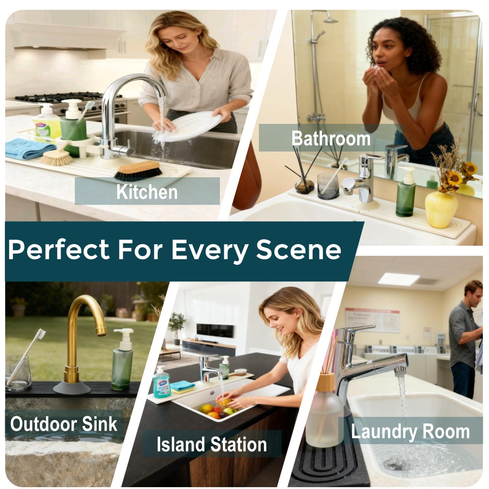 WUZEI Faucet Mat for Kitchen Sink, Diatomaceous Earth Stone Splash Guard Tray, Fast Drying Stone Sink Mat, Prevents Water Splash for Kitchen Bathroom Countertop (Dark Grey, 16x4 inch (40x10 cm))
