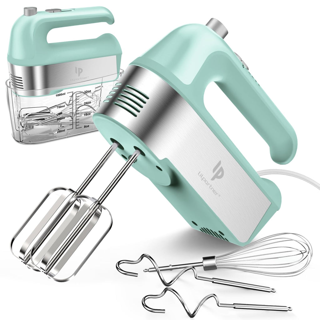 Hand Mixer Electric, 450W Kitchen Mixers with Scale Cup Storage Case, Turbo Boost/Self-Control Speed + 5 Speed + Eject Button + 5 Stainless Steel Accessories, For Easy Whipping Dough,Cream,Cake, Green