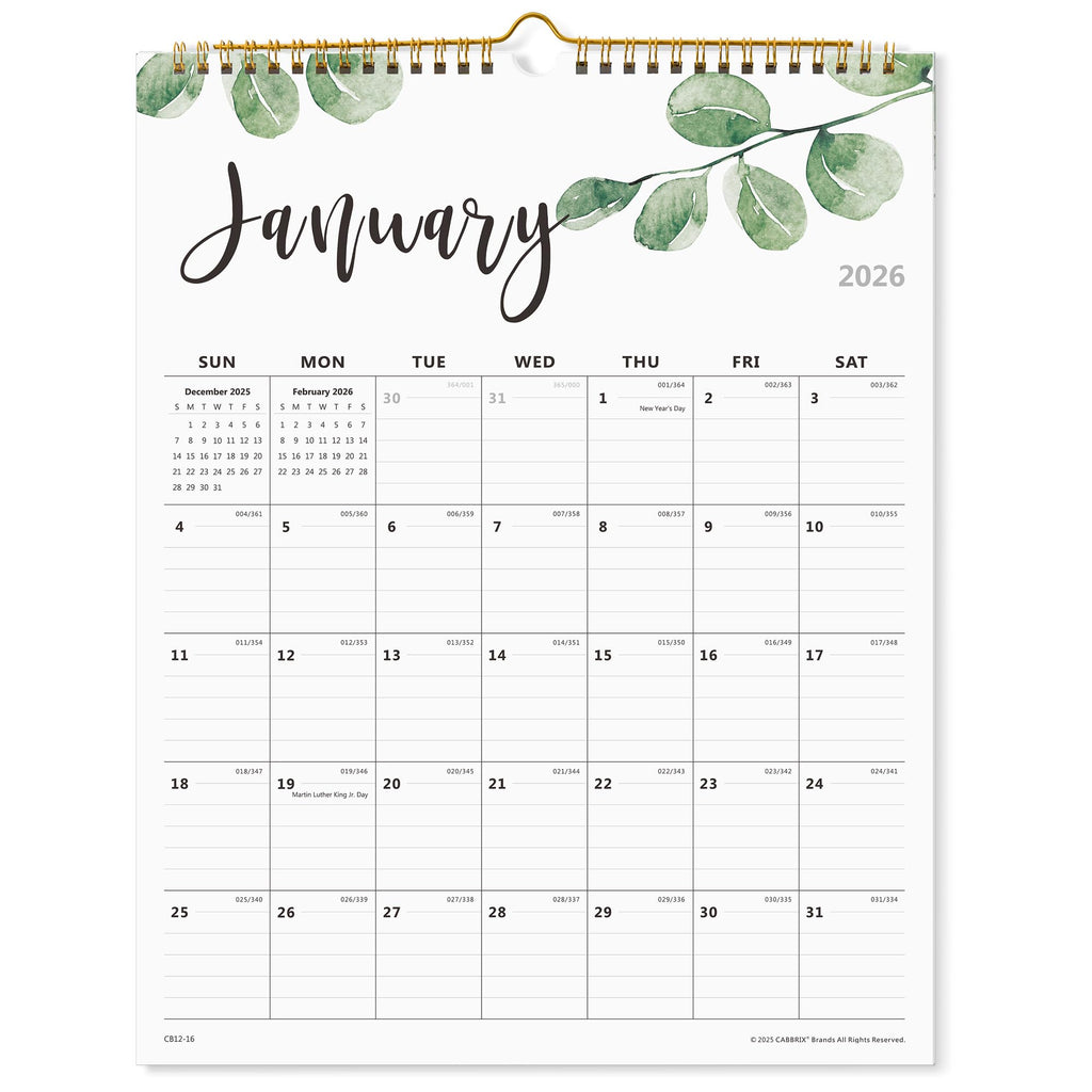 Cabbrix 2026 Yearly Monthly Wall Calendar, Runs from January 2026 to June 2027,15 x 12 Inches, Wirebound, Ruled Blocks, Greenery for Plan and Schedule in Home and School