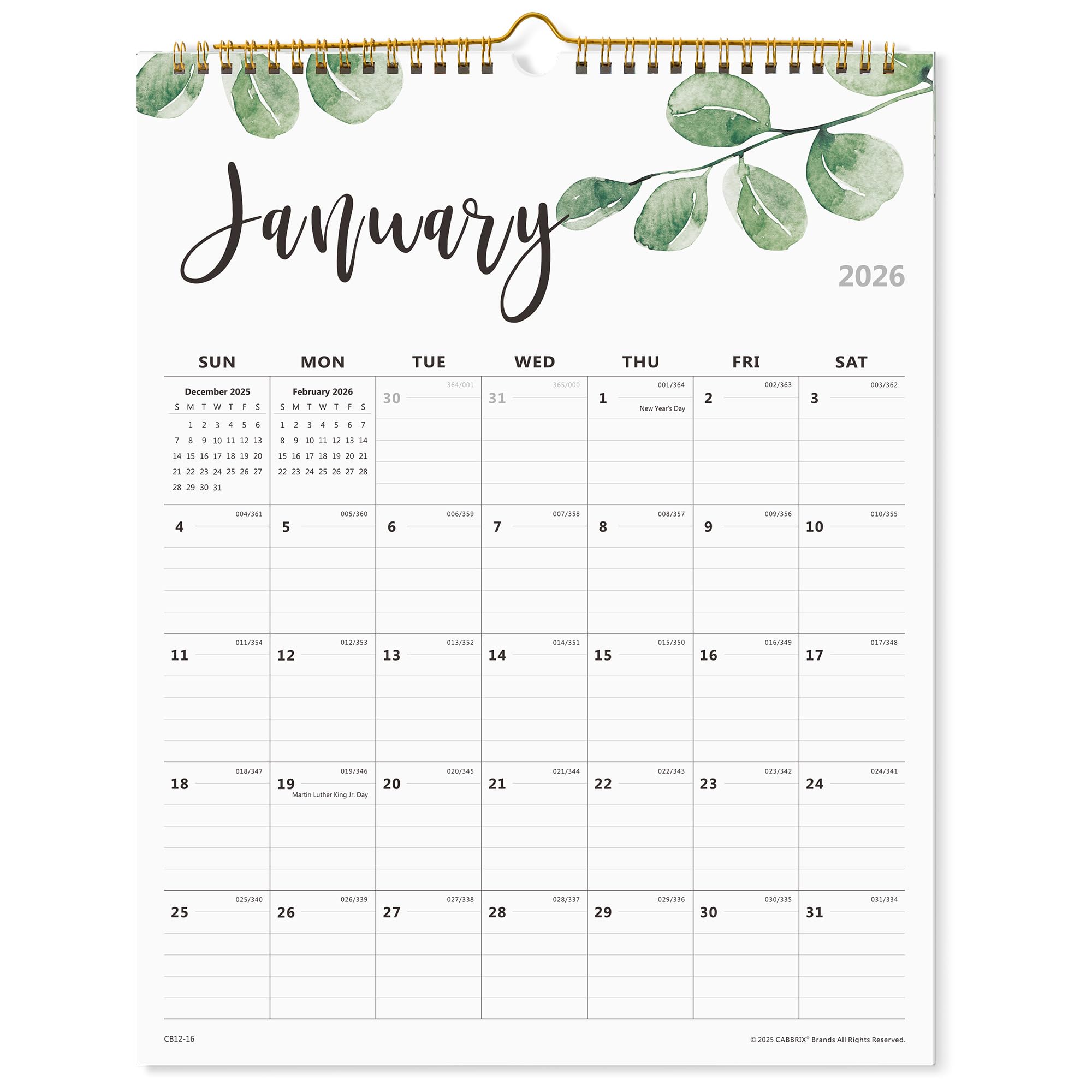 Cabbrix 2026 Yearly Monthly Wall Calendar, Runs from January 2026 to June 2027,15 x 12 Inches, Wirebound, Ruled Blocks, Greenery for Plan and Schedule in Home and School
