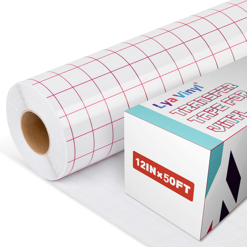Lya Vinyl Transfer Tape for Vinyl - 12”x50FT Roll with Red Grid Medium Tack Vinyl Transfer Tape for Silhouette Cameo, Permanent Vinyl for Decals, Mugs, Walls, Windows
