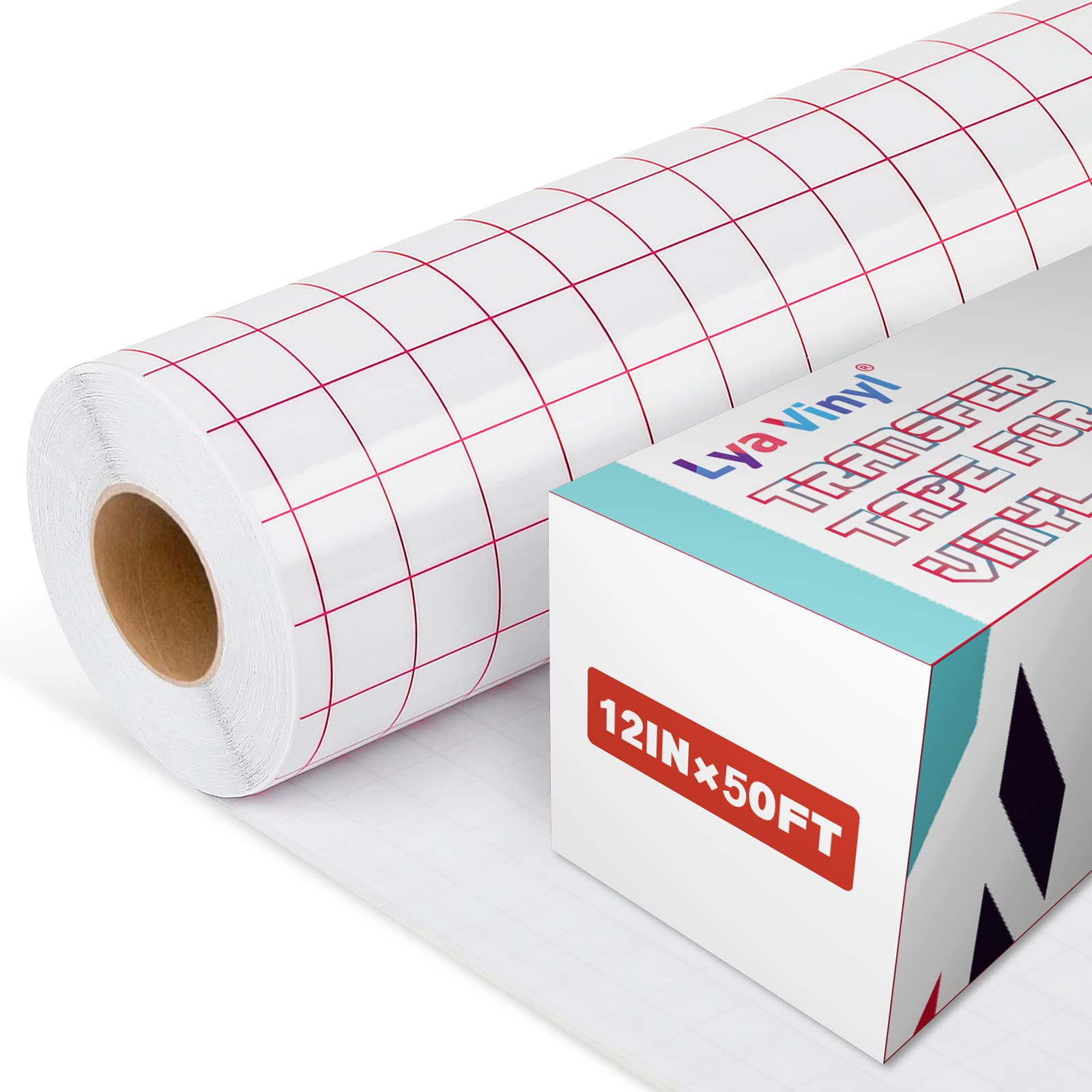Lya Vinyl Transfer Tape for Vinyl - 12”x50FT Roll with Red Grid Medium Tack Vinyl Transfer Tape for Silhouette Cameo, Permanent Vinyl for Decals, Mugs, Walls, Windows