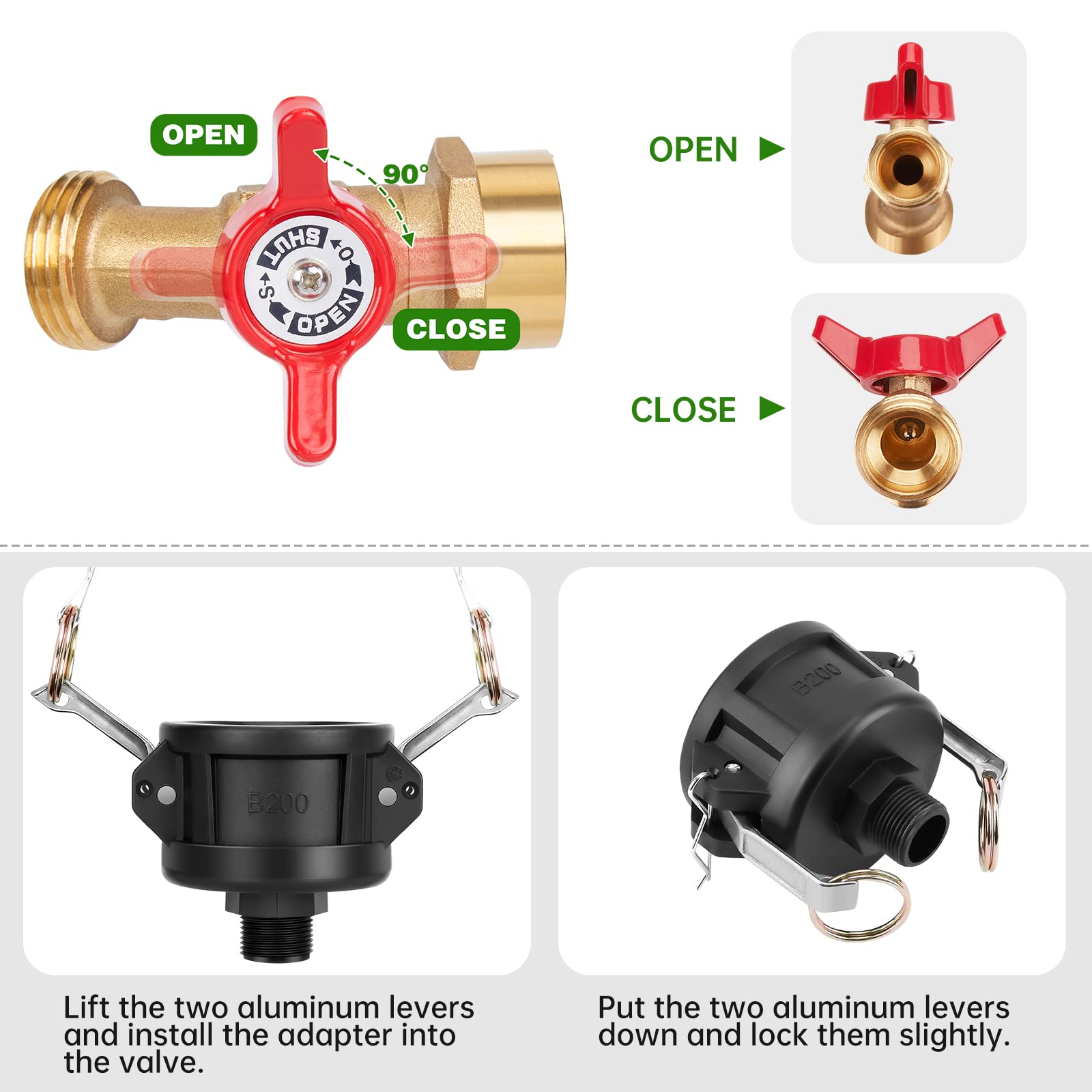 WADEO 330 275 Gallon IBC Tote Fittings, IBC Tote Adapter 2 inch Cam Lock for Garden Hose 3/4 inch Outlet, with Valve Control 2 Hose Adapters and Seal