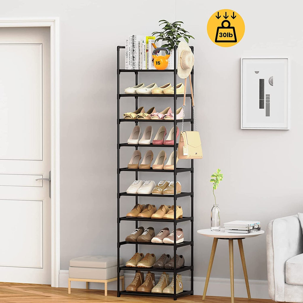 VTRIN 10 Tiers Narrow Shoe Rack 20-25 Pairs Shoe and Boots Organizer Storage Sturdy Shoe Shelf, Metal Shoe Rack for Entryway, Bedroom, 17 x 12 x 79 Inches, Black Vertical Stackable with 5 Hooks