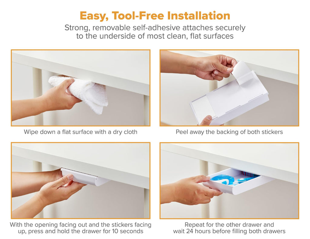 Bostitch Konnect Under Desk Drawer, Self-Adhesive Slide Out Storage Organizer with 4 Customizable Dividers, 2-Pack