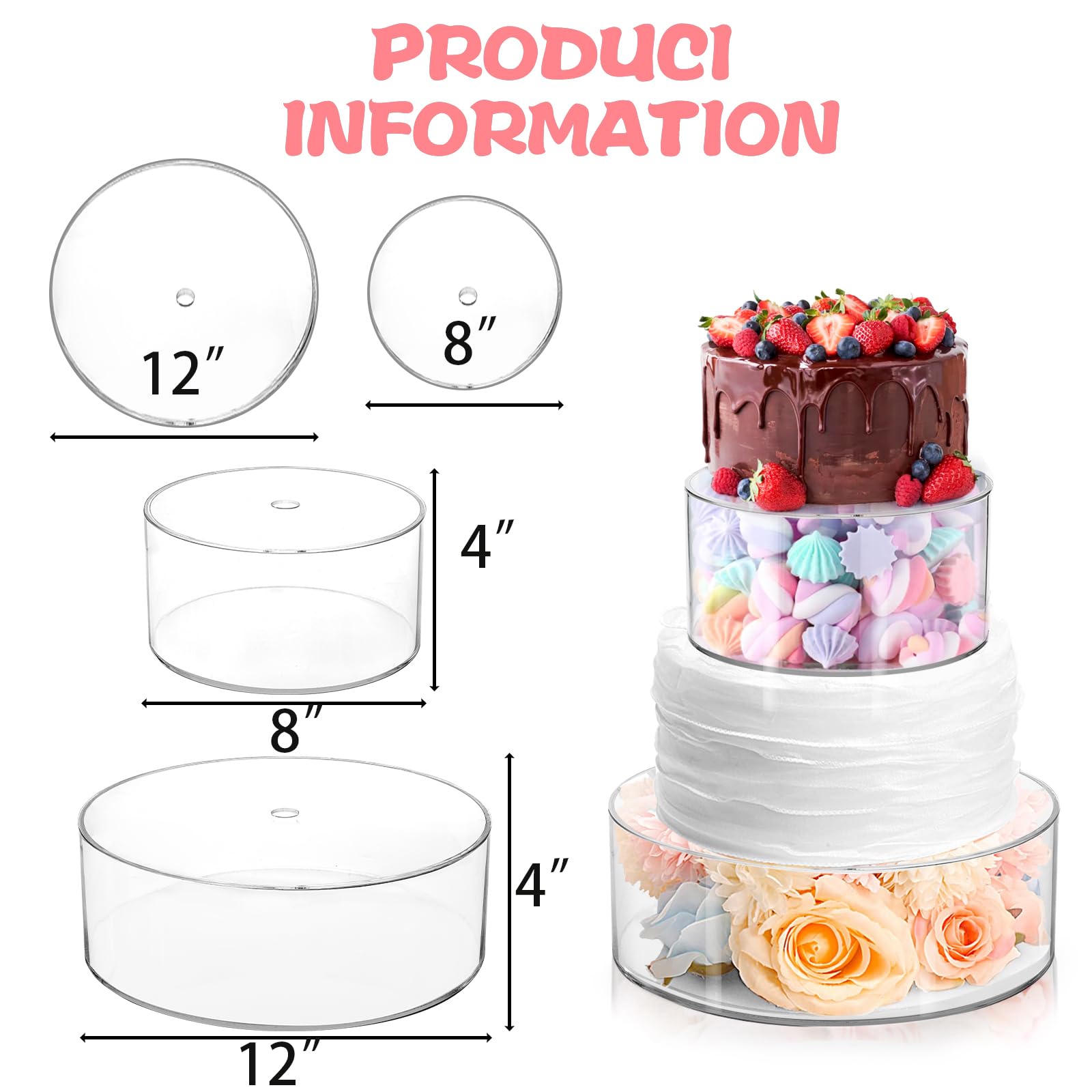 Jucoan Set of 2 Clear Acrylic Fillable Cake Stand, Cake Tier Display Stand Cupcake Stand, 12 Inch & 8 Inch Round Cylinder Display Riser for Wedding Birthday Baby Shower Easter Party Centerpieces