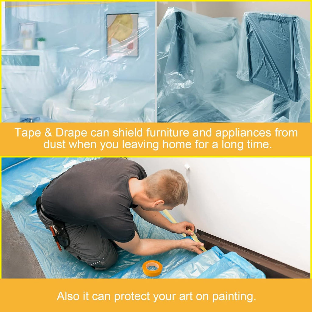 Pre-Taped Masking Film for Painting - 60" x 66' Painters Plastic Sheeting with Automotive Paint Tape and Drape for Covering Cars, Walls, Windows and Furniture Protection (3 Rolls)