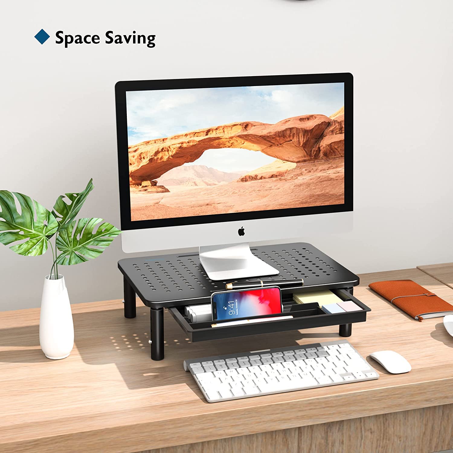 BONTEC 2 Pack Monitor Stand Riser, 3 Height Adjustable Monitor Stand for Desk, Computer Monitor Riser Stand with Mesh Platform for Laptop, Computer, iMac, PC (Black, 2 Pack with Storage)