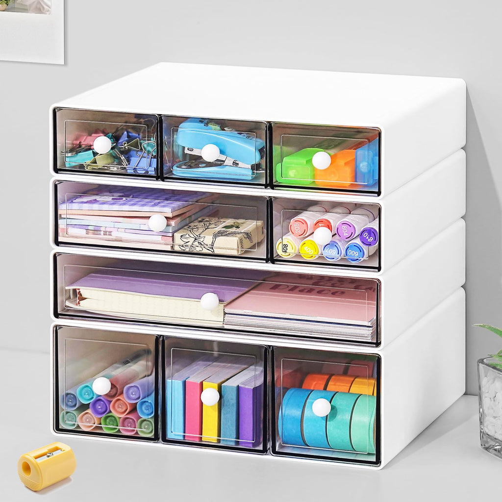 Desk Organizer with 9 Drawers, 4 Tier Plastic Stackable Storage Drawers for Desk Storage, Office Stationary Makeup Organizer Suit for Home, Office and School (White)