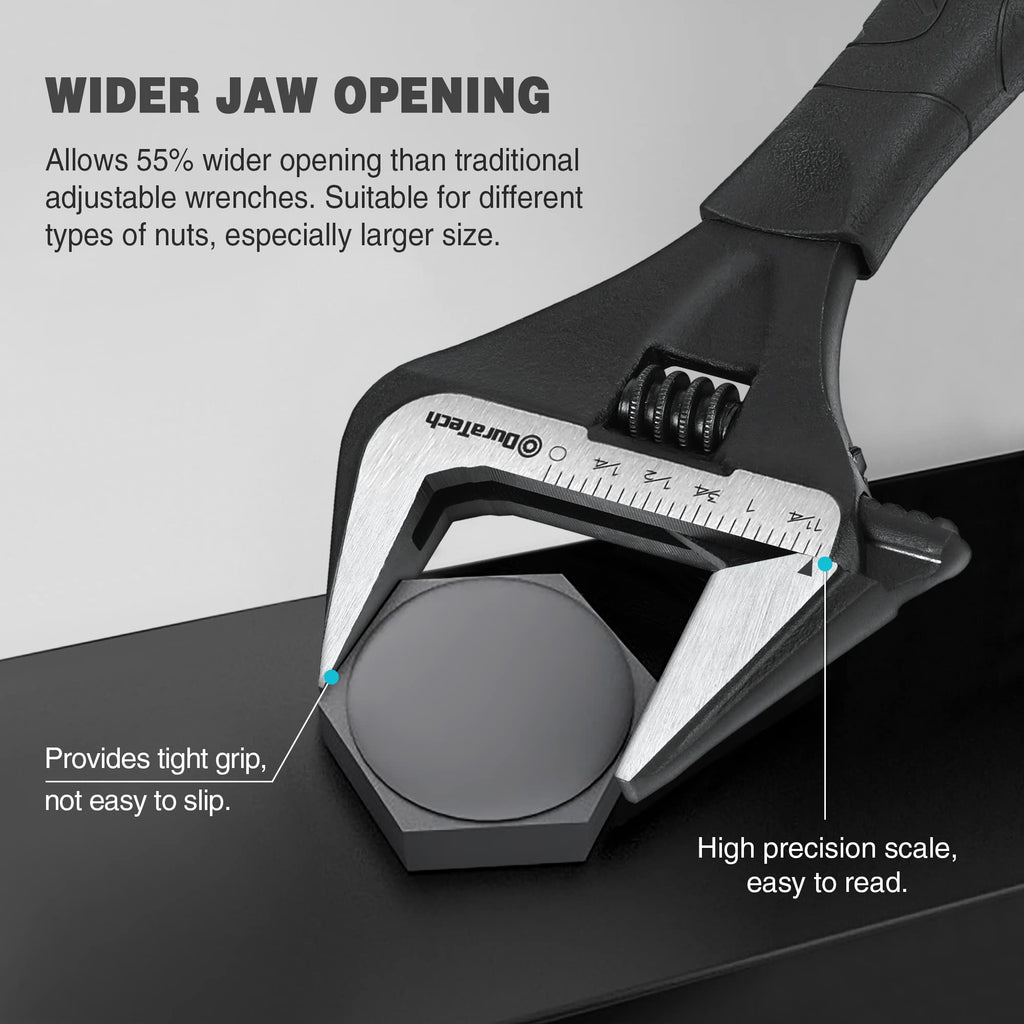 DURATECH 8-Inch Adjustable Wrench, Wide Jaw Opening Black Oxide Finish Plumbing Wrench, CR-V Steel, SAE and Metric Scale Marked, Ergonomic Grip