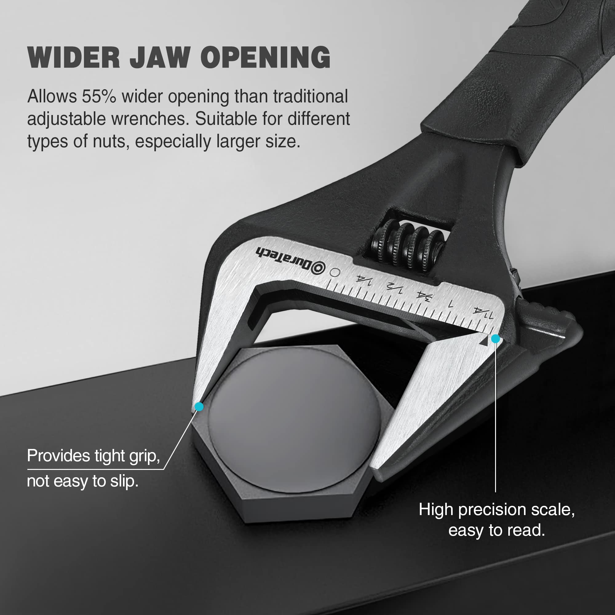 DURATECH 8-Inch Adjustable Wrench, Wide Jaw Opening Black Oxide Finish Plumbing Wrench, CR-V Steel, SAE and Metric Scale Marked, Ergonomic Grip