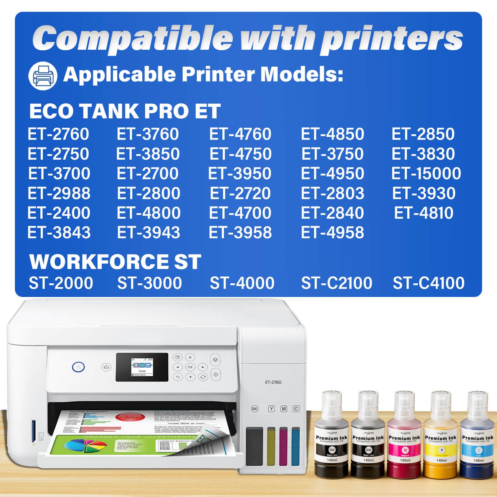 Compatible Ink Refill Bottles Replacement for T502 T522 ET-2760 ET-4760 ET-2800 ET-2850 ET-3850 ET-4850 ET-2720 ET-2803 ET-3760 ET-2400 ET-4800 ET-2750 ET-4750 ET-3750 ET-2988 Printer (2BK C M Y)