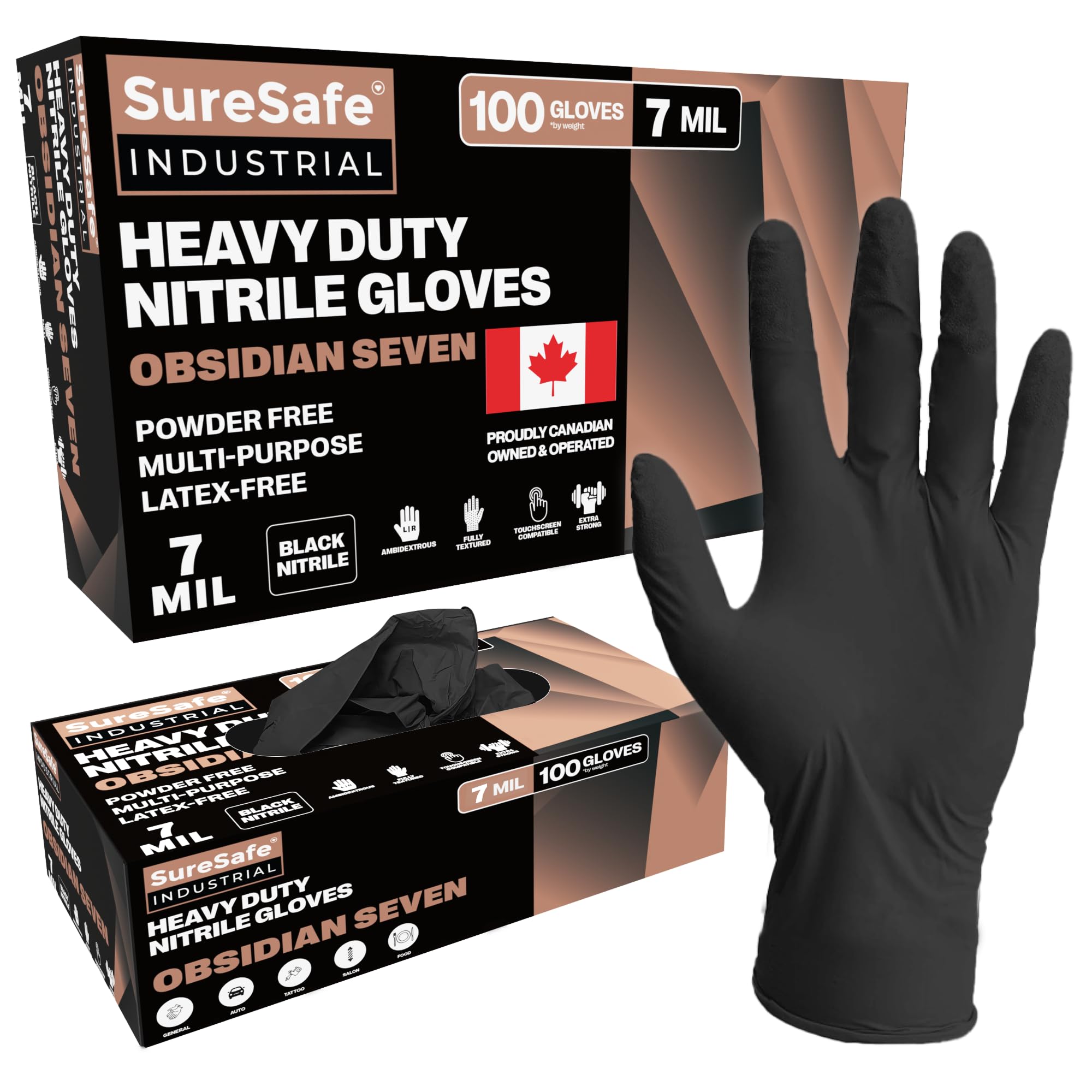 [100 Pack] SURESAFE 7 Mil Nitrile Gloves Large, Heavy-Duty, Latex-Free Black Gloves Disposable for Industrial Use, Mechanical Work, Automotive Repair, Fully Textured
