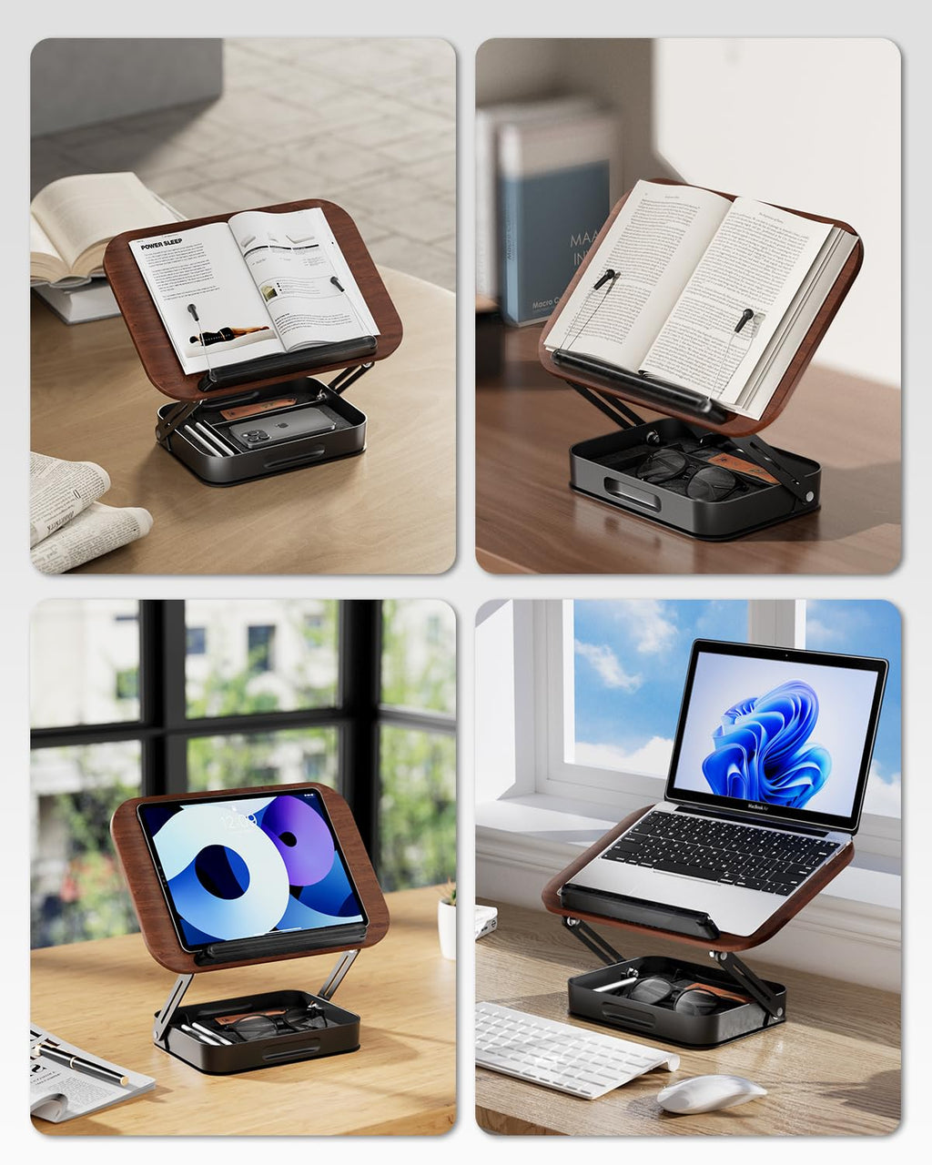 Adjustable Book Stand with Storage Drawer, 360° Rotating Book Holder, Height & Angle Adjustable, Extra-Wide Page Clips for Thick Books, Wood & Aluminum Book Stand for Desk, Study, Kitchen