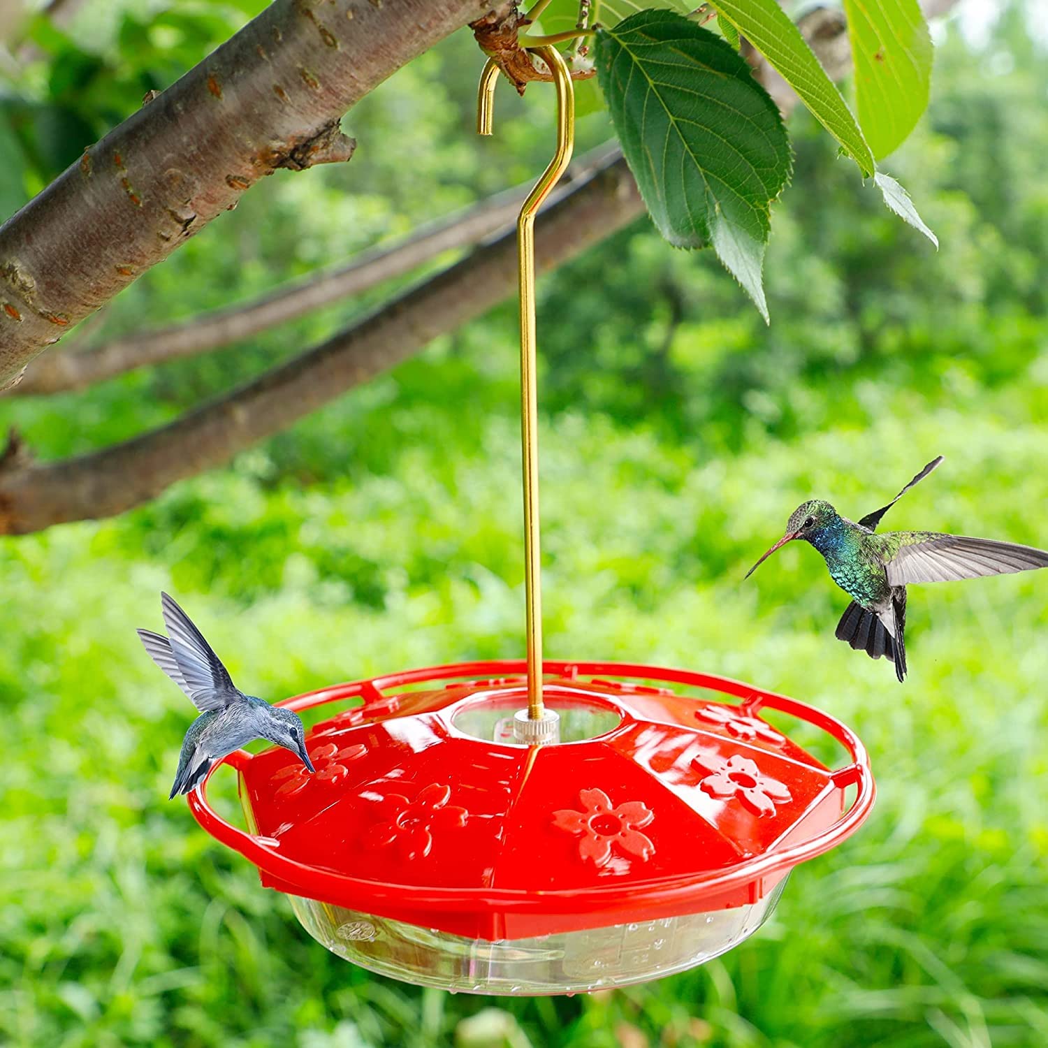 Hummingbird Feeder for Outdoors Hanging, 2 Pack, Leak-Proof, Easy to Clean and Refill, Saucer Humming Feeder for Hummer Birds, Including Hanging Hook, with 5 Feeding Ports