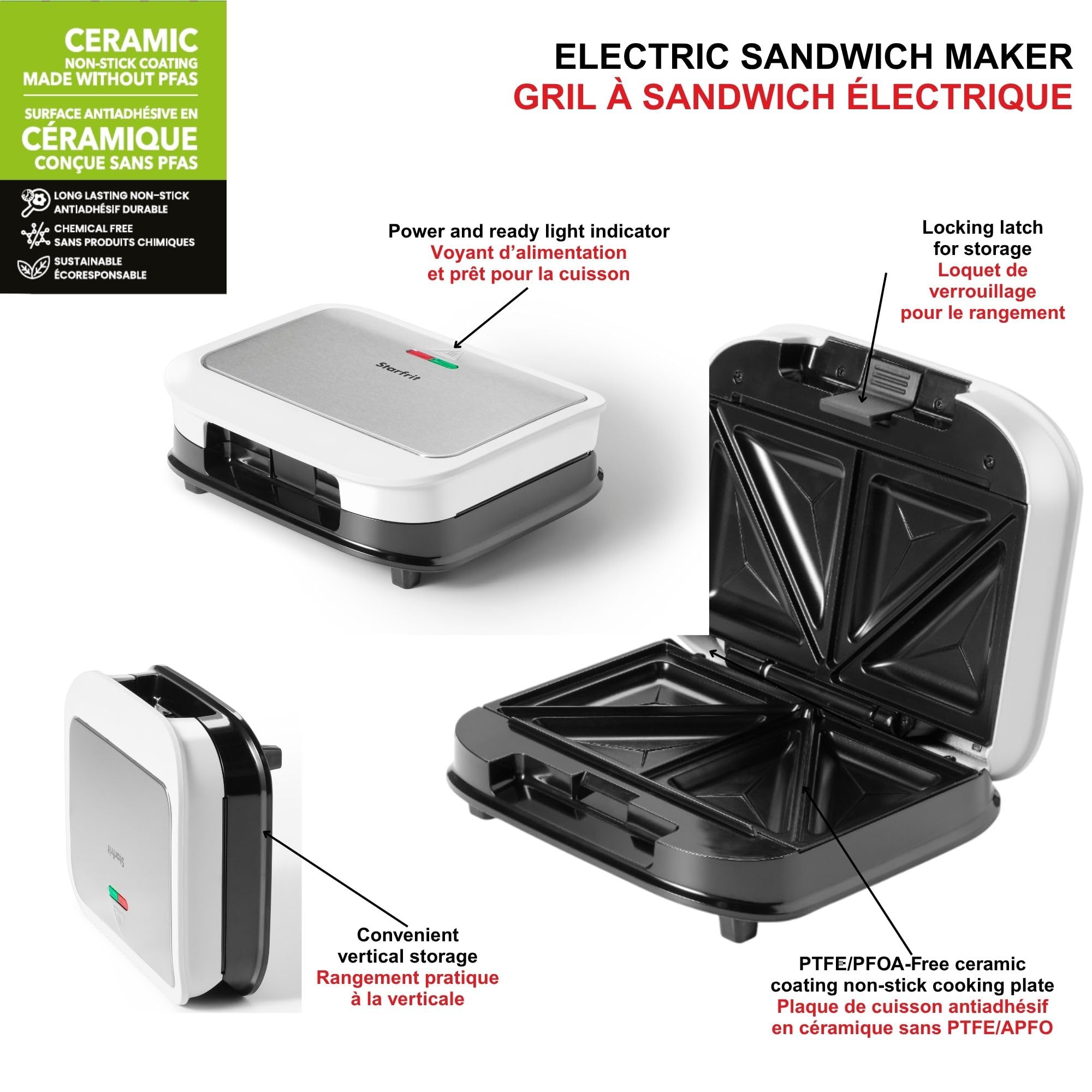 Starfrit Electric Sandwich Maker - Chemical Free Ceramic Non-Stick Surface – 2 Slice & 4 Deep Pockets To Fill – Indicator Light -Cool Touch Handle - 700W – White