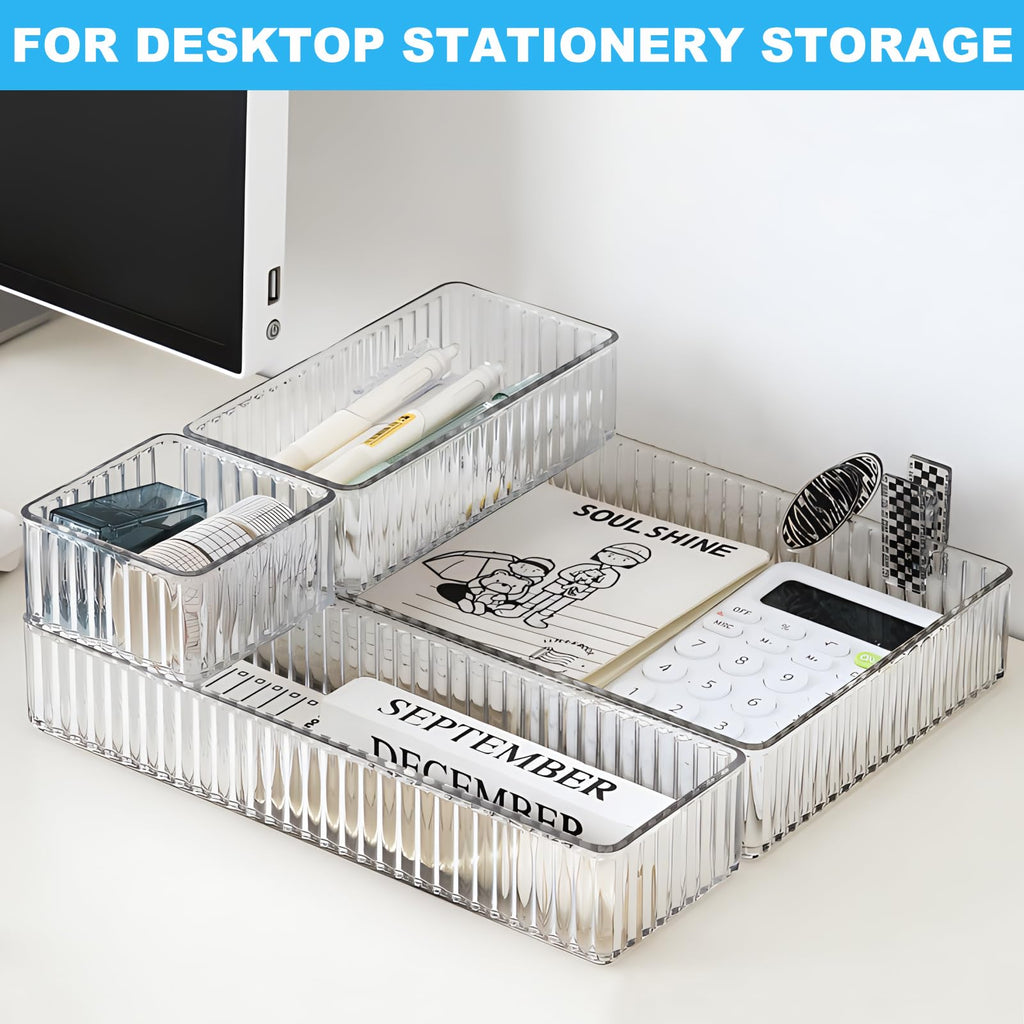 14 Pieces Clear Drawer Organizer Set, Stackable Drawer Storage Bins with Non-Slip Base, 4 Sizes up to 9.92"x6.23", Plastic Containers for Makeup, Kitchen, Office (14 Pack)