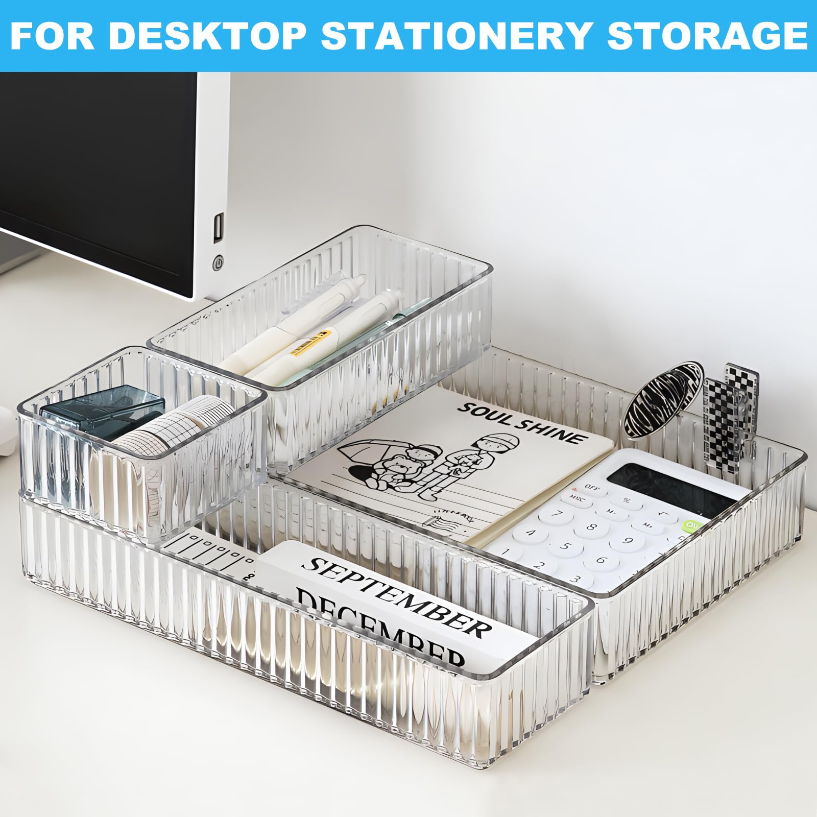 14 Pieces Clear Drawer Organizer Set, Stackable Drawer Storage Bins with Non-Slip Base, 4 Sizes up to 9.92"x6.23", Plastic Containers for Makeup, Kitchen, Office (14 Pack)