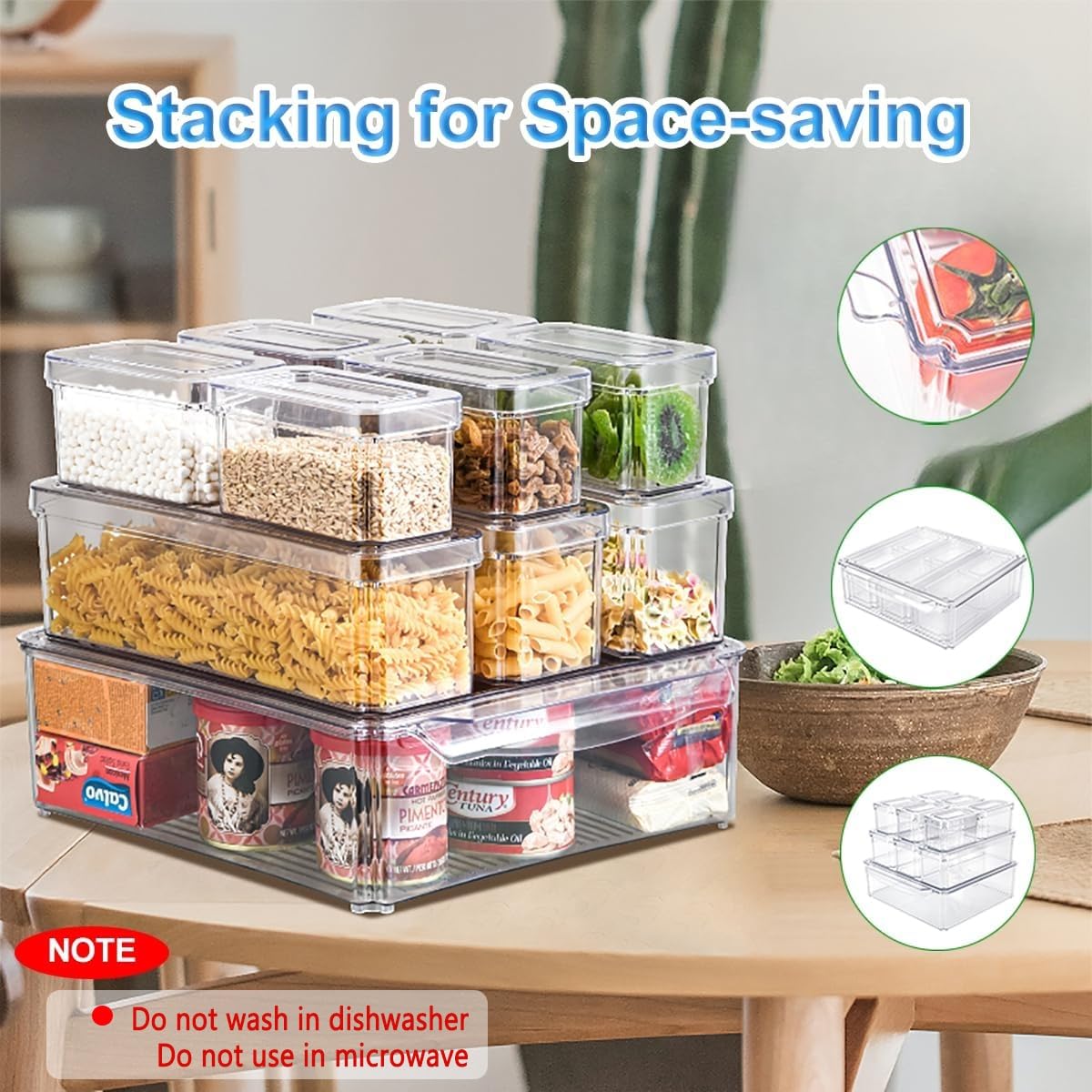 Pure Future 10-Pack Fridge Organizers and Storage with Lids - Clear Plastic Refrigerator Bins with Drain Trays - Stackable Produce Saver for Fruit, Veggies and Pantry, BPA-Free