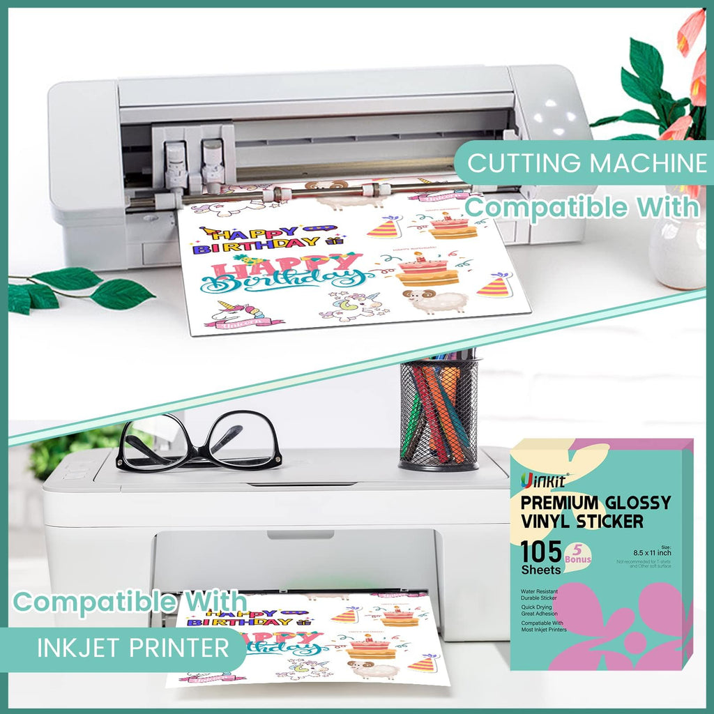 Uinkit 105 Sheets Premium Printable Vinyl Sticker Paper for Inkjet Printer Cricut,included 100Sheets Glossy and 5Sheets Clear Label Waterproof Adhesive Dries Quickly Tear-Resistant, Removable