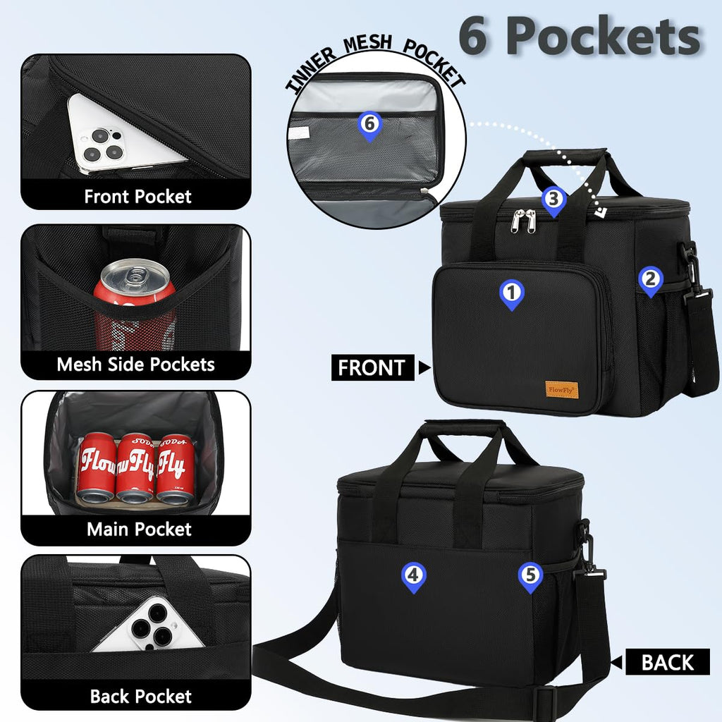 FlowFly Insulated Lunch Bag Adult Lunch Box Large Cooler Tote Bag with Top Handle for Men and Women, with Adjustable Strap, Front Pocket, and Dual Large Mesh Side Pockets, Extra Large(20L), Black