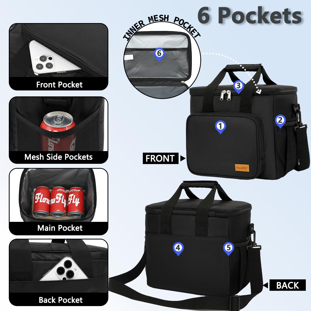 FlowFly Insulated Lunch Bag Adult Lunch Box Large Cooler Tote Bag with Top Handle for Men and Women, with Adjustable Strap, Front Pocket, and Dual Large Mesh Side Pockets, Extra Large(20L), Black