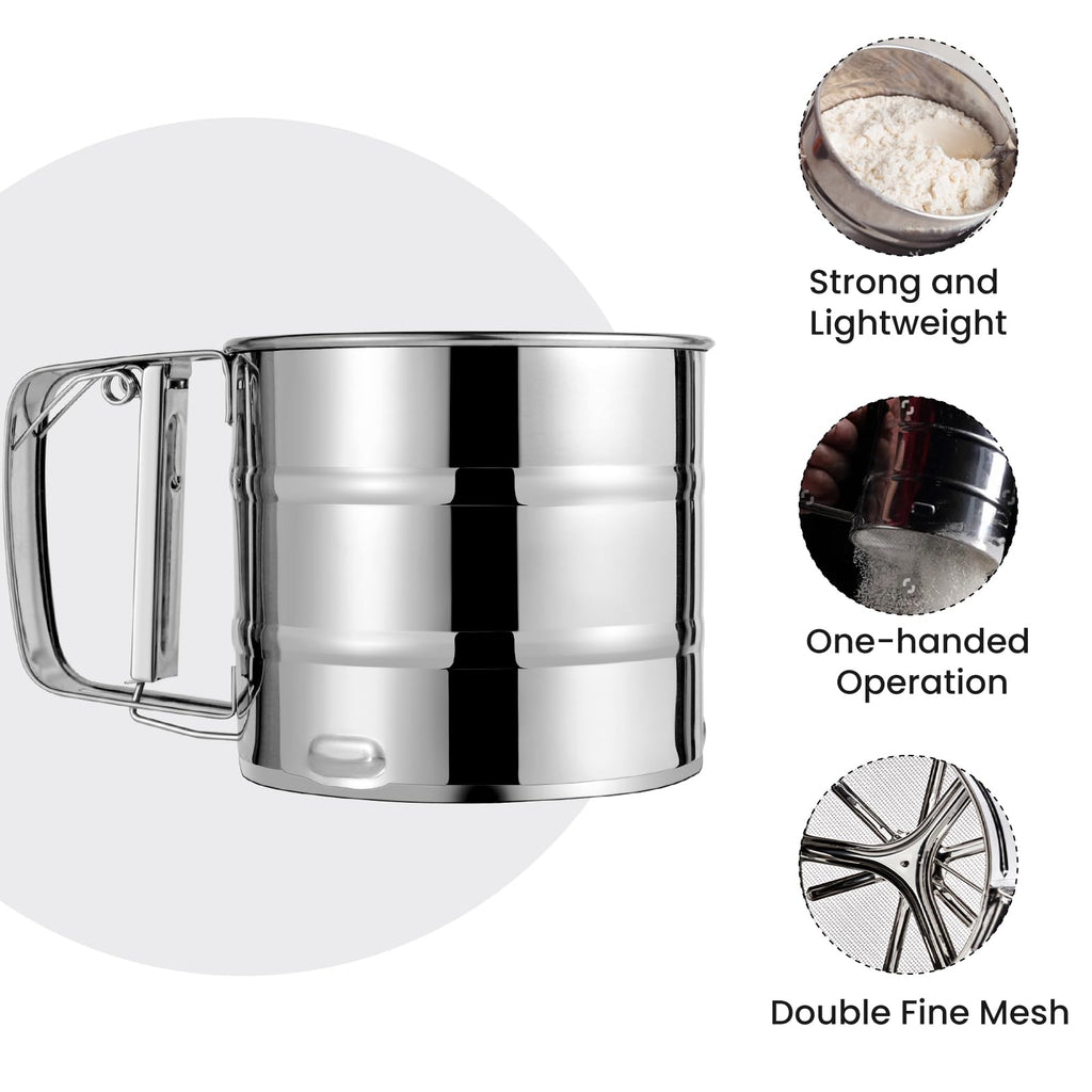Flour Sifter, Stainless Steel Sifter for Baking, Double Layer Fine Mesh Baking Sifter, One Hand Press Crank Sifter for Powdered Sugar Shaker Duster, Flour Sieve Sifter for Baking Cakes Rondauno