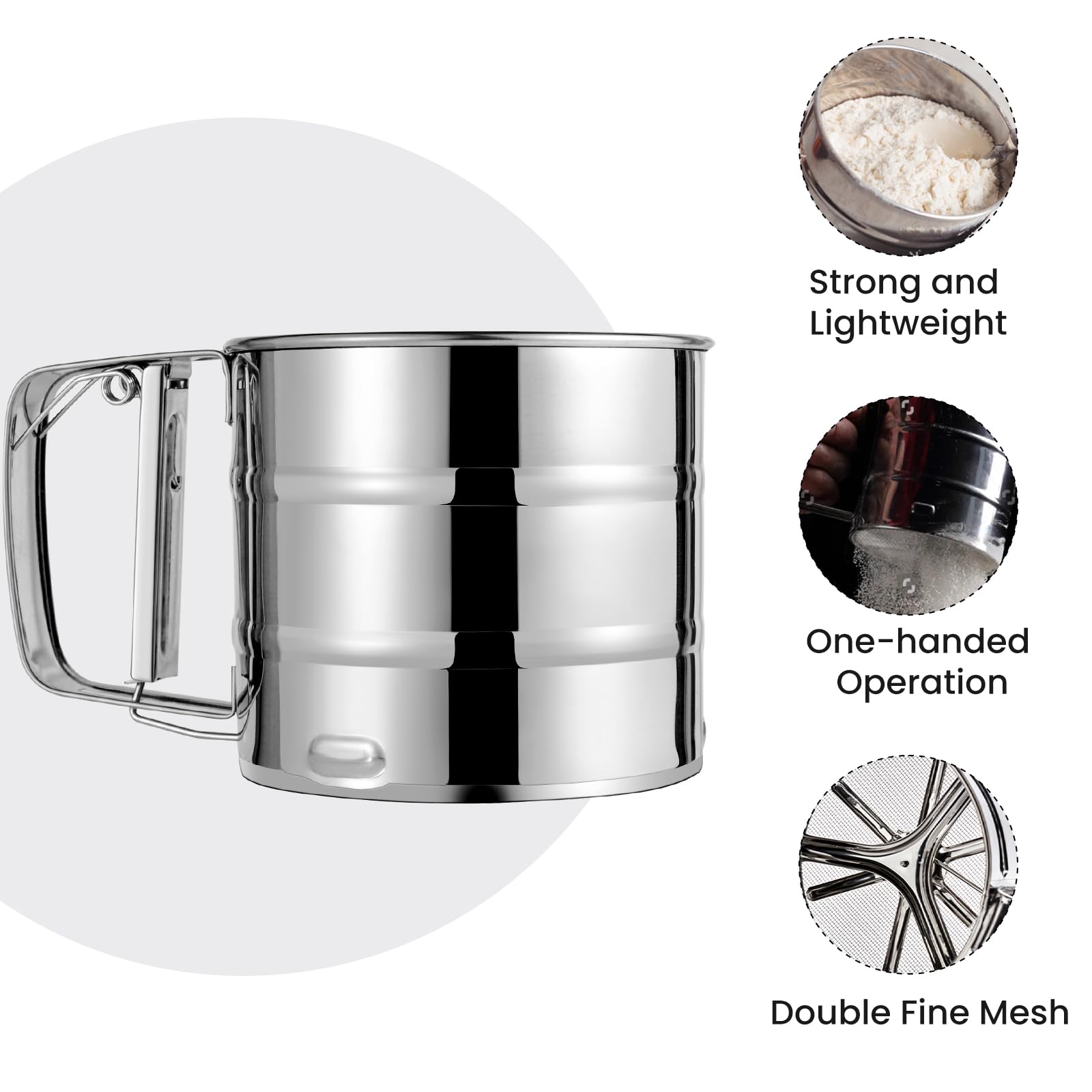 Flour Sifter, Stainless Steel Sifter for Baking, Double Layer Fine Mesh Baking Sifter, One Hand Press Crank Sifter for Powdered Sugar Shaker Duster, Flour Sieve Sifter for Baking Cakes Rondauno