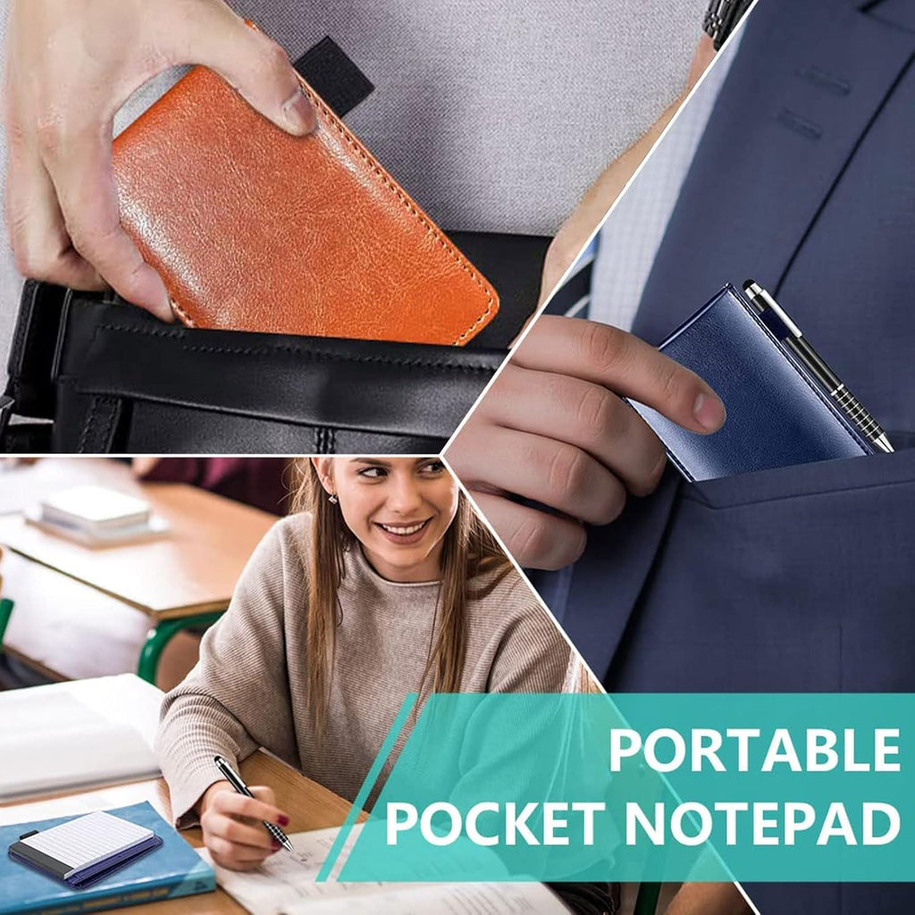 8pcs Mini Brown Black Pocket Notepad Holder Set, Small Notebook Holder with Lined Sheets, Metal Pen and 3 x 5 Inch Memo Book Refills, Lined Paper Per Note Pad