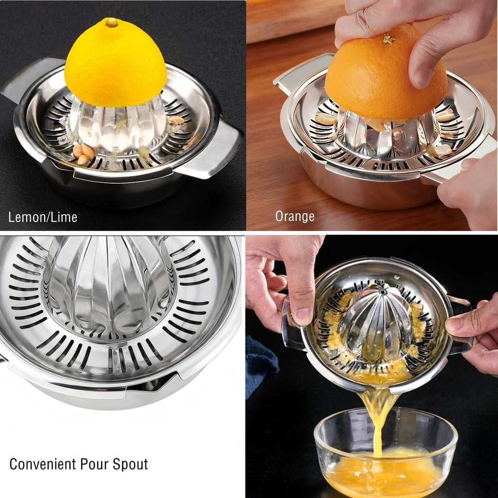 Citrus Lemon Orange Grapefruit Juicer Manual Stainless Steel 304 Anti-Rust Metal Hand Press Fruit Squeezer with Juice Strainer＆12 OZ Bowl with 2 Spouts, Dishwasher Safe, Easy to Clean, Heavy Duty