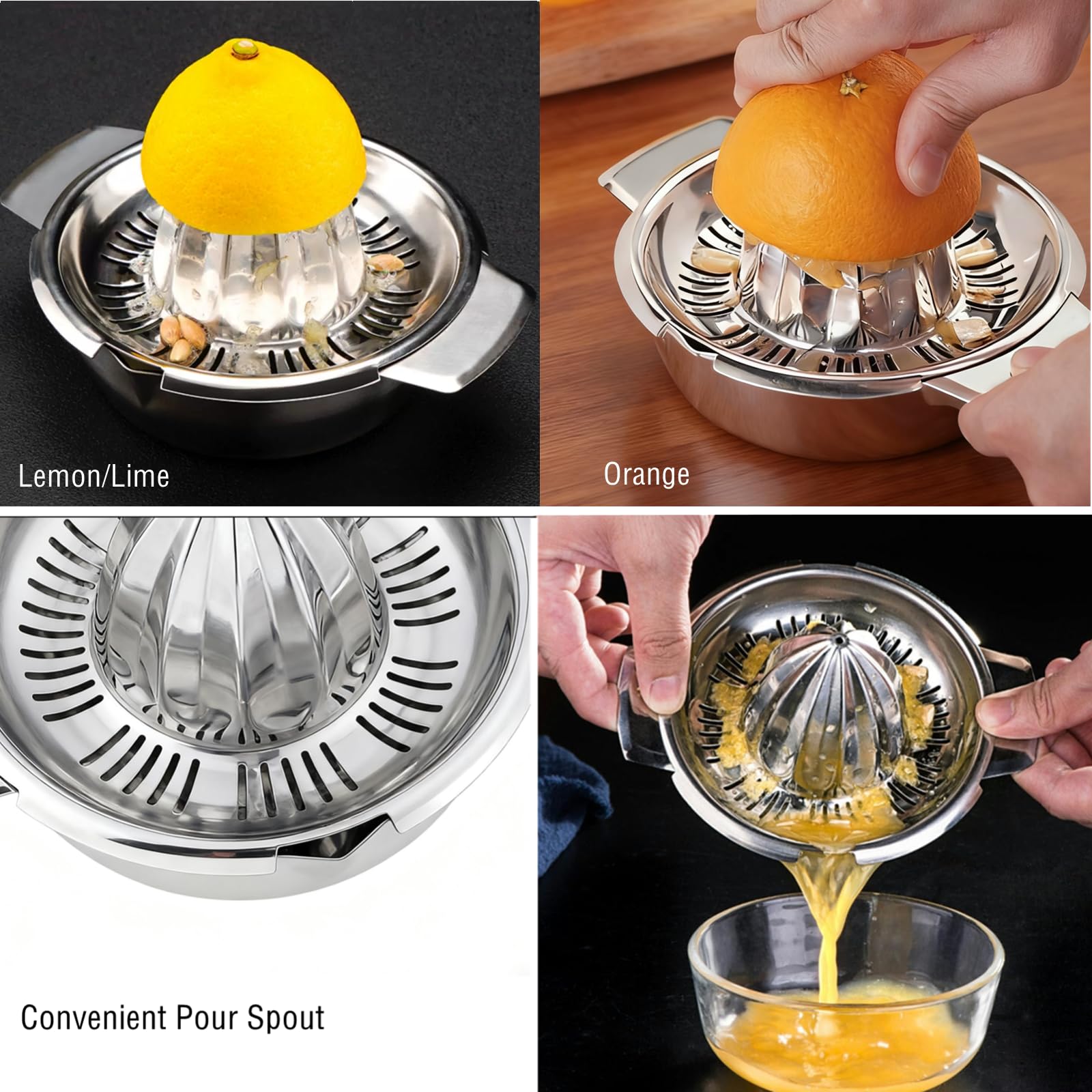 Citrus Lemon Orange Grapefruit Juicer Manual Stainless Steel 304 Anti-Rust Metal Hand Press Fruit Squeezer with Juice Strainer＆12 OZ Bowl with 2 Spouts, Dishwasher Safe, Easy to Clean, Heavy Duty