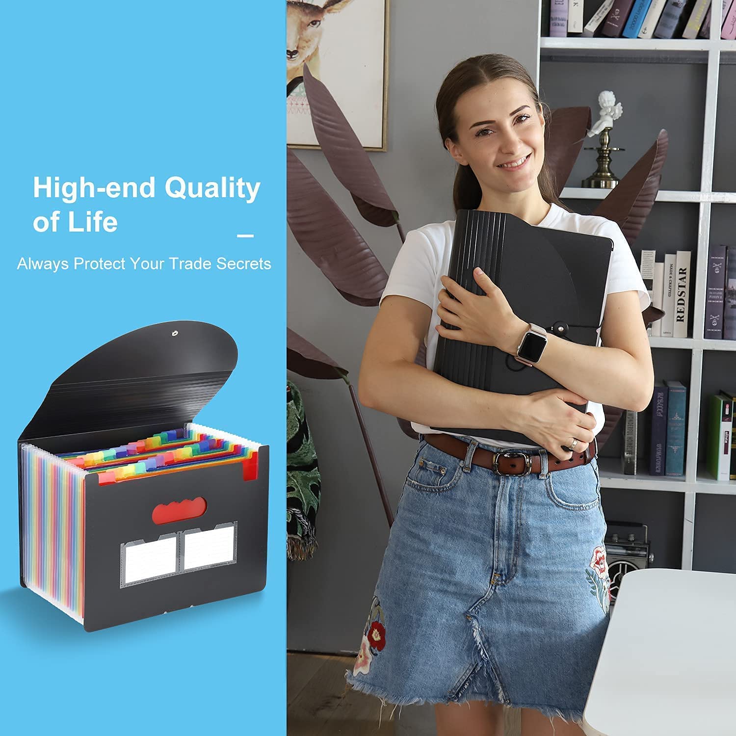 24 Pockets Expanding File Folder with Blank Labels, According File Organizer with Expandable Cover, Desktop Accordion Folders Letter A4 Paper Document Storage Organizer for Documents Storage