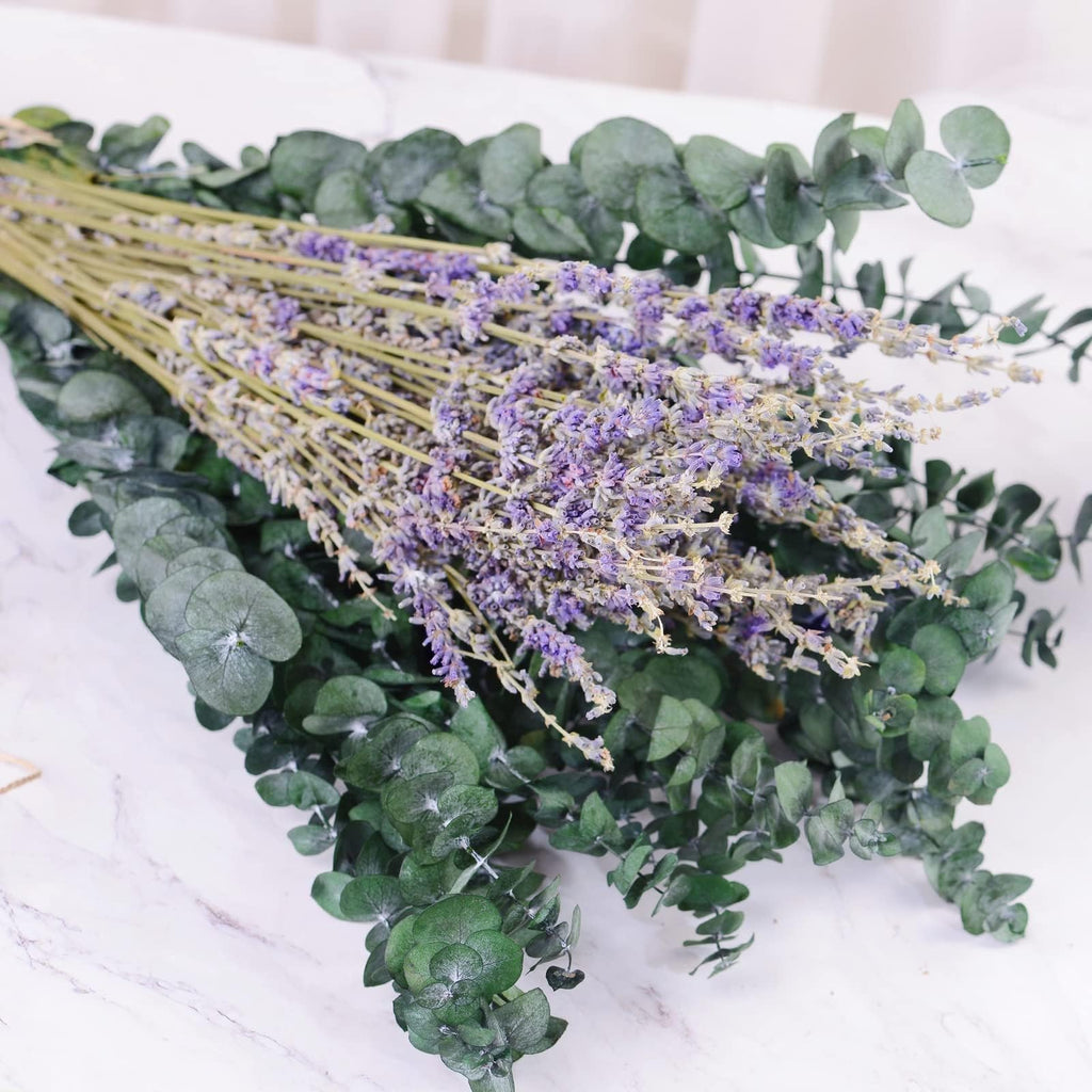 115 Pcs Dried Preserved Eucalyptus Stems & Lavender Flowers Bundles for Shower, 17'' Natural Real Live Eucalyptus Leaves Greenery Hanging Lavender Shower Plant, Fragrance, Decor