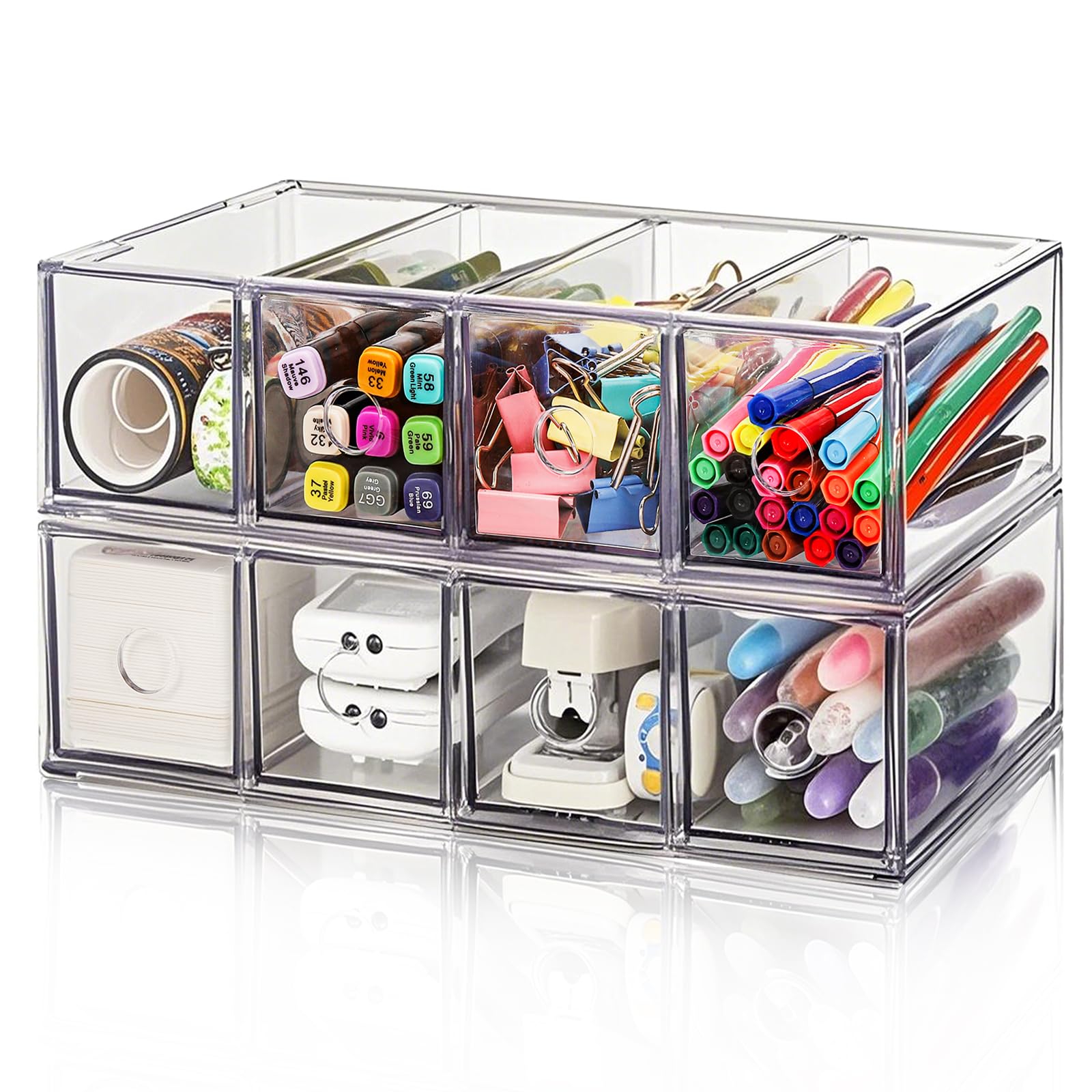 Mezchi 2 Pack Acrylic Storage Drawer Organizer, Dustproof Pen and Marker Storage, Clear Makeup Drawer Organizers with 8 Drawers for Art Crafts, Countertop