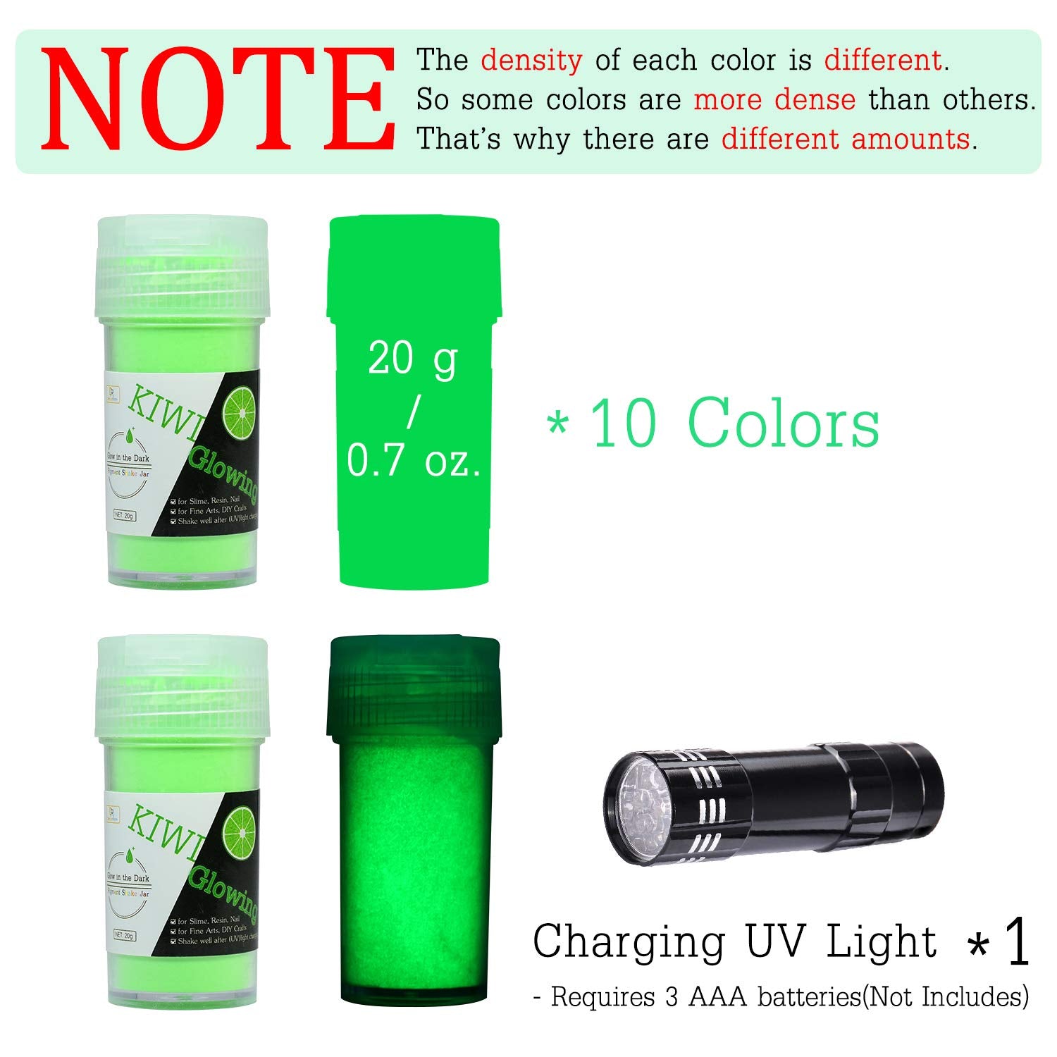 10 Color Glow In The Dark Pigment Powder with UV Lamp - Epoxy Resin Luminous Powder for Slime Kit,Skin Safe Long Lasting Self Glowing Dye for DIY Nail Art,Acrylic Paint,Fine Art, 0.7oz Each(Total 7oz)