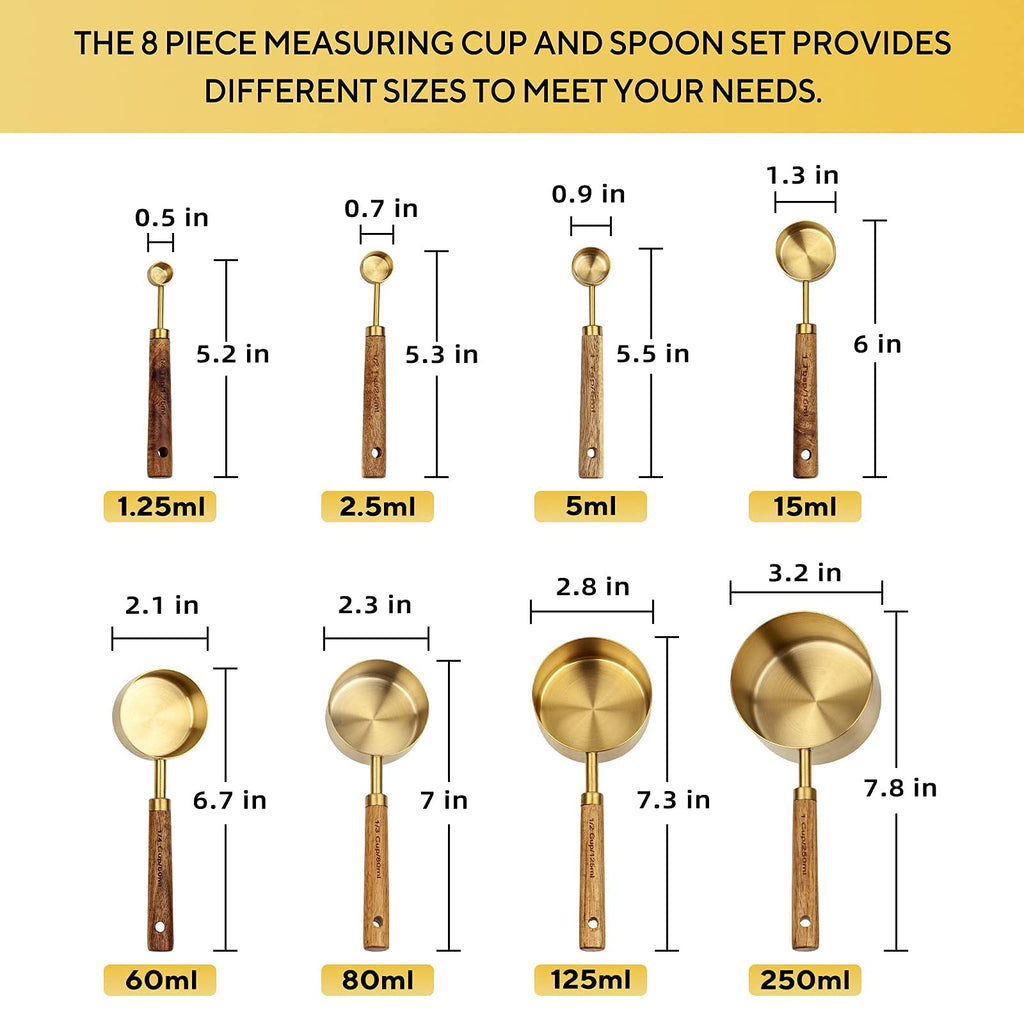Muchtolove Measuring Cups and Spoons Set of 8, Golden Stainless Steel Measuring Cup with Wooden Handle, Kitchen/Food/Liquid/Baking (Gold)